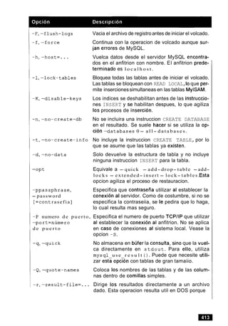 - p p a s s p h r a s e ,
- password
[ = c o n trasefia]
-P numero d e puerto,
-port=numero
d e p u e r t o
Vacia el archivo de registroantes de iniciar el volcado.
Continua con la operacion de volcado aunque sur-
jan errores de MySQL.
Vuelca datos desde el servidor MySQL encontra-
dos en el anfitrion con nombre. El anfitrion prede-
terminado es l o c a l h o s t .
Bloquea todas las tablas antes de iniciar el volcado.
Las tablas se bloquean con READ LOCAL,lo que per-
mite insercionessimultaneas en las tablas MylSAM.
Los indices se deshabilitan antes de las instruccio-
nes INSERT y se habilitan despues, lo que agiliza
10s procesos de insercion.
No se incluira una instruccion CREATE DATABASE
en el resultado. Se suele hacer si se utiliza la op-
cion-databases 0 - a l l - d a t a b a s e s .
No incluye la instruccion CREATE TABLE,por lo
que se asume que las tablas ya existen.
Solo devuelve la estructura de tabla y no incluye
ninguna instruccion INSERT para la tabla.
Equivale a - quick - add- drop- table - add-
l o c k s - extended- insert - lock- tables.Esta
opcion agiliza el proceso de restauracion.
Especifica que contraseiia utilizar al establecer la
conexion al servidor. Como de costumbre, si no se
especifica la contraseiia, se le pedira que lo haga,
lo cual resulta mas seguro.
Especifica el numero de puerto TCPIIP que utilizar
al establecer la conexion al anfitrion. No se aplica
en caso de conexiones al sistema local. Vease la
opcion -s.
No almacena en bufer la consults, sin0 que la vuel-
ca directamente en s t d o u t . Para ello, utiliza
mysql u s e r e s u l t ( ) . Puede que necesite utili-
zar esta opcTon con tablas de gran tamaiio.
Coloca 10s nombres de las tablas y de las colum-
nas dentro de comillas simples.
Dirige 10s resultados directamente a un archivo
dado. Esta operacion resulta util en DOS porque
 
