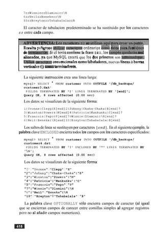 El caracter de tabulacion predeterminado se ha sustituido por 10s caracteres
z z entre cada campo.
Ruubp e m util@aica~acteresordunrips CO&J &st@ pam,fu&iboes
Qtenqiqaciim.$i el text9coniiene la frase zaz, 10s ~ a r n ~ 6 s . ~ u e d a r i n a
abeados, .ya que MySQL creefa que 10s Bos primetos son tepninadM:es..
Utilicegmtctqr.es cenvmcionales comotribdadores, nuevas lineas a ba&
verticales (1) &mafarmidot&.
La siguiente instruccion crea una linea larga:
mysql> SELECT * FROM customer INTO OUTFILE '/db_backups/
customer3.dat1
F I E L D S TERMINATED BY ' I LINES TERMINATED BY '[end] ';
Query OK, 8 rows affected (0.00 sec)
Los datos se visualizan de la siguiente forma:
Los saltosde linea se sustituyen por caracteres [end]. En el siguiente ejemplo, la
palabra clave ENCLOSED encierra todos 10scampos con 10scaracteres especificados:
mysql> SELECT * FROM customer INTO OUTFILE '/d.backups/
customer4.dat1
F I E L D S TERMINATED BY ' 1 ' ENCLOSED BY ' " ' LINES TERMINATED BY
In1;
Query OK, 8 rows affected (0.00 sec)
Los datos se visualizan de la siguiente forma:
"Ir
I "Yvonne" I "Clegg" I "X"
"2"1"JohnnynI"Chaka-Chaka"IWB"
"3"I"Winston" 1"Powers" I"M"
"4" 1 "Patricia" I "Mankunku" I "C"
"5" I "Francois"I "Papo" I "P"
"7"1"Winnie"I"Dlamini"IN
"6" 1 "Neil" I "Beneke"1 N
"10" I "Breyton" I "Tshabalala" I "B"
La palabra clave OPTIONALLY solo encierra campos de caracter (a1 igual
que se encierran campos de carecer entre comillas simples a1 agregar registros
per0 no a1 aiiadir campos numericos).
 