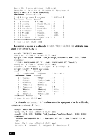 Query OK, 8 rows affected (0.01 sec)
Records: 8 Deleted: 0 Skipped: 0 Warnings: 0
mysql> SELECT FROM customer;
+-+------ +-+- +
I id I first-name I surname I
+-+------ +----- +- +
I 1 I Yvonne I C l e w I
1 2 1 Johnny I Chaka-Chaka I
1 3 1 Winston I Powers I
1 4 1 Patricia I Mankunku I
1 5 1 Francois I Papo 1
1 7 1 Winnie I Dlamini I
1 6 1 Neil I Beneke I
1 10 1 Breyton I Tshabalala I
+-+-+------+- +
initial I
X I
B I
M I
C I
P I
NULL I
NULL 1
B 1
8 rows in set (0.00 sec)
Lo mismo se aplica a la clausula LINES TERMINATED BY utilizada para
crear customer3.d a t :
mysql> TRUNCATE customer:
Query OK, 0 rows affected (0.00 sec)
mysql> LOAD DATA INFILE ' /db_backups/customer3 .dat' INTO TABLE
customer
FIELDS TERMINATED BY ' I LINES TERMINATED BY [end] ';
Query OK, 8 rows affected (0.00 sec)
Records: 8 Deleted: 0 Skipped: 0 Warnings: 0
mysql> SELECT FROM customer;
+- +------ +--- +- +
I id I first-name I surname I initial I
+-+------ +--- +- +
I 1 I Yvonne I Clegg I X I
1 2 1 Johnny I Chaka-Chaka I B I
1 3 1 Winston I Powers 1 M I
1 4 1 Patricia I Mankunku I c I
1 5 1 Francois I Papo I p I
1 7 1 Winnie I Dlamini I NULL I
1 6 1 Neil I Beneke I NULL 1
1 10 1 Breyton I Tshabalala I B I
+-+------ +------ +- +
8 rows in set (0.00 sec)
La clausula ENCLOSED BY tambien necesita agregarse si se ha utilizado,
como en customer4.dat:
mysql> TRUNCATE customer;
Query OK, 0 rows affected (0.00 sec)
mysql> LOAD DATA INFILE /db_backups/customerl.dat ' INTO TABLE
customer
FIELDS TERMINATED BY ' I ' ENCLOSED BY ' " ' LINES TERMINATED BY
'nl;
Query OK, 8 rows affected (0.01 sec)
Records: 8 Deleted: 0 Skipped: 0 Warnings: 0
 