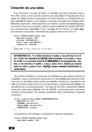 Creacion de una tabla
Tras conectarse a la base de datos, es probable que desee introducir datos.
Para ello, vamos a crear una base de datos que puede hacer el seguimiento de un
equipo de ventas. Coino ya aprendimos, las bases de datos, se componen de una
gran cantidad de tablas y, para empezar, crearemos una tabla que contenga datos
sobre 10scomerciales. Almaccnaremos sus nombres, numeros de identificacion y
comisiones. Para crear una tabla, tambien vamos a utilizar el comando CREATE,
per0 necesitaremos especificar TABLE en hgar de DATABASE, asi como algu-
nos elementos adicionales. Introduzca la siguiente instruccion CREATE:
mysql> CREATE TABLE sales-rep(
employee-number INTI
surname VARCHAR(IO),
first-name VARCHAR(30) ,
commission TINYINT
) :
Query OK, 0 rows a f f e c t e d ( 0 . 0 0 s e c )
ADVERTENCIA:No olvide introducirel punto y coma a1final de la li-
nea. Todos 10s comandos de MySQL deben terminar en un punto y coma.
Su olvidoes la principal raz&nde la htraci6nde 10s principiantes.Ade-
&, si no introduce el punto y coma y pulsa Intro, ten&&que hacerlo
antea de voher a pulsar Intre. MySQL acepta cornando$ distnbuidos-en
variaslheas.
No necesita introducir la instruccion de la forma en la que aparece impresa en
el ejemplo. Aqui se ha divido la instruccion en varias lineas para facilitar su lec-
tura, per0 es probable que le resulte mas sencillo introducir el comando en una
sola. Asi mismo, puede variar el uso de mayusculas y minusculas del ejemplo,sin
quc ello afecte a su funcionamiento. A lo largo de este libro, utilizaremos mayus-
culas para representar palabras clave de MySQL y minusculas para representar
nombres seleccionados. Por ejemplo, podriamos haber introducido la siguiente
secuencia:
mysql> create table SALES-REPRESENTATIVE (
EMPLOYEE-NO int,
SURNAME varchar(40),
FIRST-NAME varchar(30),
COMMISSION tinyint
) :
sin problemas. Sin embargo, si utilizamos el siguiente fragmento:
mysql> CREATE TABLES sales-rep (
employee-number INT,
 