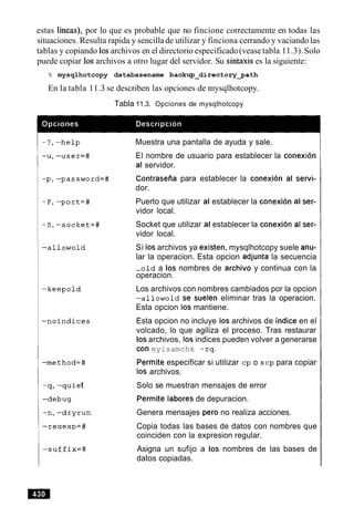 estas lineas), por lo que es probable que no fincione correctamente en todas las
situaciones. Resulta rapida y sencillade utilizar y finciona cerrando y vaciando las
tablas y copiando 10sarchivos en el directorio especificado(veasetabla 11.3).Solo
puede copiar 10sarchivos a otro lugar del servidor. Su sintaxis es la siguiente:
% mysqlhotcopy databasename backup-directorygath
En la tabla 11.3 se describen las opciones de mysqlhotcopy.
Tabla 11.3. Opciones de mysqlhotcopy
Muestra una pantalla de ayuda y sale.
El nombre de usuario para establecer la conexion
a1 servidor.
Contraseiia para establecer la conexion al servi-
dor.
Puerto que utilizar al establecer la conexion al ser-
vidor local.
Socket que utilizar al establecer la conexion al ser-
vidor local.
Si 10sarchivos ya existen, mysqlhotcopy suele anu-
lar la operacion. Esta opcion adjunta la secuencia
-old a 10s nombres de archivo y continua con la
operacion.
Los archivos con nombres cambiados por la opcion
-allowold Se suelen eliminar tras la operacion.
Esta opcion 10s mantiene.
Esta opcion no incluye 10s archivos de indice en el
volcado, lo que agiliza el proceso. Tras restaurar
10sarchivos, 10s indices pueden volver a generarse
Con myisamchk -rq.
Permite especificar si utilizar cp o scp para copiar
10s archivos.
Solo se muestran mensajes de error
Permite labores de depuracion.
Genera mensajes per0 no realiza acciones.
Copia todas las bases de datos con nombres que
coinciden con la expresion regular.
Asigna un sufijo a 10s nombres de las bases de
datos copiadas.
 
