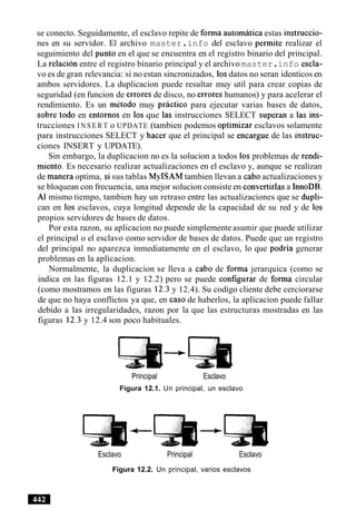 se conecto. Seguidamente, el esclavo repite de forma automatica estas instruccio-
nes en su servidor. El archivo master.info del esclavo permite realizar el
seguimiento del punto en el que se encuentra en el registro binario del principal.
La relacion entre el registro binario principal y el archivo master.info escla-
vo es de gran relevancia: si no estan sincronizados, 10sdatos no seran identicos en
ambos servidores. La duplicacion puede resultar muy util para crear copias de
seguridad (en funcion de errores de disco, no errores humanos) y para acelerar el
rendimiento. Es un metodo muy practico para ejecutar varias bases de datos,
sobre todo en entornos en 10s que las instrucciones SELECT superan a las ins-
trucciones I N S E R T o UPDATE (tambien podemos optimizar esclavos solamente
para instrucciones SELECT y hacer que el principal se encargue de las instruc-
ciones INSERT y UPDATE).
Sin embargo, la duplicacion no es la solucion a todos 10s problemas de rendi-
miento. Es necesario realizar actualizaciones en el esclavo y, aunque se realizan
de manera optima, si sus tablas MyISAM tambien llevan a cab0 actualizaciones y
se bloquean con frecuencia, una mejor solucion consiste en convertirlas a InnoDB.
A1 mismo tiempo, tambien hay un retraso entre las actualizaciones que se dupli-
can en 10s esclavos, cuya longitud depende de la capacidad de su red y de 10s
propios servidores de bases de datos.
Por esta razon, su aplicacion no puede simplemente asumir que puede utilizar
el principal o el esclavo como servidor de bases de datos. Puede que un registro
del principal no aparezca inmediatamente en el esclavo, lo que podria generar
problemas en la aplicacion.
Normalmente, la duplicacion se lleva a cab0 de forma jerarquica (como se
indica en las figuras 12.1 y 12.2) pero se puede configurar de forma circular
(como mostramos en las figuras 12.3y 12.4). Su codigo cliente debe cerciorarse
de que no haya conflictos ya que, en caso de haberlos, la aplicacion puede fallar
debido a las irregularidades, razon por la que las estructuras mostradas en las
figuras 12.3y 12.4 son poco habituales.
Principal Esclavo
Figura 12.1. Un principal, un esclavo
Esclavo Principal Esclavo
Figura 12.2. Un principal, varios esclavos
 