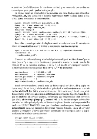 operativos (preferiblemente de la misma version) y es necesario que ambos se
comuniquen para poder probar este ejemplo.
En primer lugar, en el servidor principal, Cree una base de datos con el nombre
replication-db, una tabla con el nombre replication-table y aiiada datos a esta
tabla, como mostramos a continuacion:
mysql> CREATE DATABASE replication-&;
Query OK, 1 row affected (0.01 sec)
mysql> USE replication-&;
Database changed
mysql> CREATE TABLE replication-table(f1 INT, £2 VARCHAR(20)) ;
Query OK, 0 rows affected (0.03 sec)
mysql> INSERT INTO replication-table (fl ,f2) VALUES (1,'first') ;
Query OK, 1 row affected (0.03 sec)
Tras ello, conceda permiso de duplicacion a1servidor esclavo. El usuario es-
clavo sera replication-user y tendra la contraseiia replicationqwd:
mysql> GRANT REPLICATION SLAVE ON . TO replication-user
IDENTIFIED BY
I replicationpwdl;
Cierre el servidor esclavo y aiiada el siguiente codigo a1archivode configura-
cion (my. c f g o my. i n i ) . Sustituya el parametro master- host con la di-
reccion IP de su servidor esclavo. s e r v e r i d puede ser cualquier numero,
siempre que no coincida con el del s e r v e r-i d del principal:
master-host = 192.168.4.100
master-user = replication-user
master-password = replication-pwd
server-id = 3
replicate-do-db = replication-&
En el servidor esclavo, Cree la base de datos r e p l i c a t i o n d b y copie 10s
datos r e p l i c a t i o n t a b l e desde el principal a1 esclavo (cimo se trata de
tablas MyISAM, 10s datos se encuentran en el directorio r e p l i c a t i o n db).
En capitulos anteriores encontrari informacion sobre c6mo hacerlo. ~ u a n d oco-
pie 10s archivos al servidor esclavo, compruebe que 10s permisos Sean correctos
(en Unix, chown mysql.mysq1 *, chmod 700 *). A1 mismo tiempo, debe saber
que si su servidor principal ya ha utilizado el registro binario, tendra que restable-
cerlo con RESET MASTER para que el esclavo pueda empezar la operacion de
actualizacion desde el principio del primer registro binario. Inicie el servidor
esclavo y conectelo. Una vez conectado, compruebe su estado para ver si la dupli-
cation se ha iniciado correctamente:
mysql> SHOW SLAVE STATUS;
 