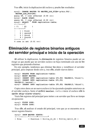 Tras ello, inicie la duplicacion del esclavo y pruebe 10s resultados:
mysql> CHANGE MASTER TO MASTER-LOG-FILE='g-bin.00lV,
MASTER-LOG-POS=280;
Query OK, 0 rows affected (0.00 sec)
mysql> SLAVE START;
query OK, 0 rows affected (0.00 sec)
mysql> SELECT *
+-+- +
1 fl I f2
+-+- +
I 1 l first
I 2 1 second
I 3 1 third
I 4 1 fourth
+-+- +
FROM replication-table;
I
I
I
I
I
4 rows in set (0.01 sec)
Elirninacion de registros binarios antiguos
del sewidor principal e inicio de la operacion
A1 utilizar la duplicacion, la eliminacion de registros binarios puede ser un
riesgo ya que puede que un servidor esclavo no haya terminado con uno de 10s
registros que pretenda eliminar.
En este ejemplo, tendremos que eliminar 10s datos y restablecer el servidor
principal, para empezar desde cero y, tras ello, aiiadir nuevos datos:
mysql> DELETE FROM replication-table;
mysql> RESET MASTER;
mysql> INSERT INTO replication-table (fl,f2) VALUES (1,'first') ;
mysql> INSERT INTO replication-table (fl,f2)
VALUES(2,' second') ;
mysql> INSERT INTO replication-table (f1,f2) VALUES(3, ' third ' ) ;
Copie estos datos en un nuevo esclavo (si ha ejecutado ejemplos anteriores en
el servidor esclavo, borre el archivo master. i n f o e inicie el esclavo c6n la
opcion skip-slave-start).
Vacie 10s registros del principal para imitar a un servidor que lleva un tiempo
en ejecucion:
mysql> FLUSH LOGS;
mysql> FLUSH LOGS;
Tras ello, a1 analizar el estado del principal, vera que ya se encuentra en su
tercer registro binario:
mysql> SHOW MASTER STATUS;
+-+- + + +
I File I Position I Binlog-do-db I Binlog-ignore-db I
 