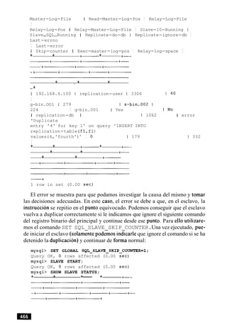 Master-Log-File I Read-Master-Log-Pos I Relay-Log-File
I
Relay-Log-Pos I Relay-Master-Log-File I Slave-10-Running /
Slave-SQL-Running I Replicate-do-db I Replicate-ignore-db I
Last-errno
I Last-error
I Skip-counter I Exec-master-log-pos I Relay-log-space I
+ + +- + +--
+ . + +
-+
1 192.168.4.100 1 replication-user 1 3306 1 60
I
g-bin.OO1 1 279 I s-bin.002 I
224 I g-bin.001 1 Yes I NO
I replication-db I 1 1062 I error
'Duplicate
entry '4' for key 1' on query 'INSERT INTO
replication-table (f1,£ 2 )
values(4,'fourth') ' I 0 1 179 1 332
I
+ + +- + +--
+ + +-
+ + +---
-+
1 row in set (0.00 sec)
El error se muestra para que podamos investigar la causa del mismo y tomar
las decisiones adecuadas. En este caso, el error se debe a que, en el esclavo, la
instruccion se repitio en el punto equivocado. Podemos conseguir que el esclavo
vuelva a duplicar correctamente si le indicamos que ignore el siguiente comando
del registro binario del principal y continue desde ese punto. Para ello utilizare-
mos el comando SET SQL SLAVE SKIP COUNTER.Una vez ejecutado, pue-
de iniciar el esclavo (solamente podeios indicarle que ignore el comando si se ha
detenido la duplicacion) y continuar de forma normal:
mysql> SET GLOBAL SQL-SLAVE-SKIP-COUNTER=l;
Query OK, 0 rows affected (0.00 sec)
mysql> SLAVE START;
Query OK, 0 rows affected (0.00 sec)
mysql> SHOW SLAVE STATUS;
+ + +--- + +--
 