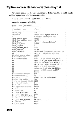 Optimizacion de las variables msyqld
Para saber cuales son 10s valores existentes de las variables mysqld, puede
utilizar mysqladmin en la linea de comandos:
% mysqladmin -uroot -pgOOr002b variables;
o cuando se conecte a MySQL:
mysql> SHOW VARIABLES
+ + +
I Variable-name, 1 Value
I back-log
I basedir
I I
I bdb-cache-size
I bdb-log-buffer-size
I bdb-shared-data
I bdb-tmpdir
I bdb-version
I I
I binlog-cache-size
I character-set
I character-sets
I I
I I
I I
I I
I I
I I
I I
I concurrent-insert
I connect-timeout
I datadir
I delay-key-write
I delayed-insert-limit
I delayed-insert-
I timeout
I delayed-queue-size
I flush
I flush-time
I sort
I ft-boolean-syntax
I have-bdb
I have-innodb
150
I/usr/local/mysql-max-4.0.1-
alpha-pc-linux-gnu-i686
18388600
132768
I/usr/local/mysql/data/
110000
I
1 OFF
I /tmp/
ISleepycat Software: Berkeley DB
I3.2.9a: (December 23, 2001)
132768
l latinl
llatinl big5 czech euc-kr gb2312
lgbk latinl-de sjis tis620 ujis
dec8 dos germanl hp8 koi8-ru
latin2 swe7 usa7 cp1251 danish
hebrew win1251 estonia
hungarian koi8-ukr winl25lukr
greek win1250 croat cp1257
latin5
I ON
15
~/usr/local/mysql/data/
I ON
1100
I
1300
11000
l OFF
10
14
1254
I
120
I+ -><()-*:""dl
l YES
l YES
 