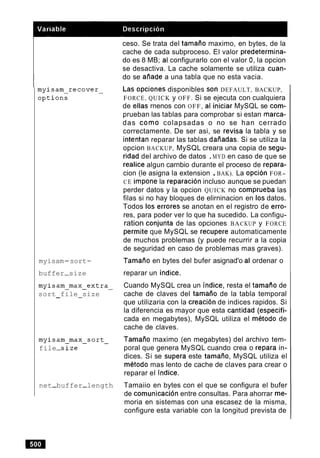 myisam-sort-
buffer-size
myisam-max-extra-
sort file size- -
myisam max-sort-
file-size
net-buffer-length
ceso. Se trata del tarnaiio maximo, en bytes, de la
cache de cada subproceso. El valor predetermina-
do es 8 MB; al configurarlo con el valor 0,la opcion
se desactiva. La cache solamente se utiliza cuan-
do se aiiade a una tabla que no esta vacia.
L ~ s0pci0nes disponibles Son DEFAULT, BACKUP,
FORCE, QUICK y OFF. Si se ejecuta con cualquiera
de ellas rnenos con OFF, al iniciar MySQL se com-
prueban las tablas para comprobar si estan rnarca-
das como colapsadas o no se han cerrado
correctamente. De ser asi, se revisa la tabla y se
intentan reparar las tablas daiiadas. Si se utiliza la
opcion BACKUP, MySQL creara una copia de segu-
ridad del archivo de datos .MYD en caso de que se
realice algun carnbio durante el proceso de repara-
cion (le asigna la extension .BAK). La opcidn FOR-
CE irnpone la reparacion incluso aunque se puedan
perder datos y la opcion QUICK no comprueba las
filas si no hay bloques de elirninacion en 10s datos.
Todos 10s errores se anotan en el registro de erro-
res, para poder ver lo que ha sucedido. La configu-
ration conjunta de las opciones BACKUP y FORCE
permite que MySQL se recupere automaticamente
de muchos problemas (y puede recurrir a la copia
de seguridad en caso de problemas mas graves).
Tamaiio en bytes del bufer asignad'o al ordenar o
reparar un indice.
Cuando MySQL crea un indice, resta el tamaAo de
cache de claves del tamaiio de la tabla temporal
que utilizaria con la creacion de indices rapidos. Si
la diferencia es mayor que esta cantidad (especifi-
cada en megabytes), MySQL utiliza el metodo de
cache de claves.
Tamaiio maximo (en megabytes) del archivo tem-
poral que genera MySQL cuando crea o repara in-
dices. Si se supera este tamaiio, MySQL utiliza el
metodo mas lento de cache de claves para crear o
reparar el indice.
Tamaiio en bytes con el que se configura el bufer
de comunicaci6n entre consultas. Para ahorrar me-
moria en sistemas con una escasez de la misma,
configure esta variable con la longitud prevista de
 