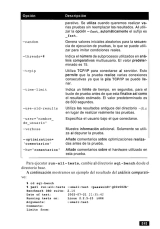 parativo. Se utiliza cuando queremos realizar va-
rias pruebas sin reemplazar 10s resultados. Al utili-
zar la opcion -fast, automaticamente el sufijo es
-fast.
Genera valores iniciales aleatorios para la secuen-
cia de ejecucion de pruebas, lo que se puede utili-
zar para imitar condiciones reales.
lndica el nljmero de subprocesos utilizados en ana-
lisis comparativos multiusuario. El valor predeter-
minado es 15.
Utiliza TCPIIP para conectarse al servidor. Esto
permite que la prueba realice varias conexiones
consecutivas ya que la pila TCPIIP se puede Ile-
nar.
lndica un limite de tiempo, en segundos, para el
bucle de prueba antes de que esta finalice asi como
el resultado estimado. El valor predeterminado es
de 600 segundos.
Utiliza 10s resultados antiguos del directorio -dir
en lugar de realizar realmente las pruebas.
Especifica el usuario bajo el que conectarse.
-optimization=
'comentarios'
Muestra informacion adicional. Solamente se utili-
za al depurar la prueba.
Aiiade comentarios sobre optimizaciones realiza-
das antes de la prueba.
-hw= comentarios Aiiade comentarios sobre el hardware utilizado en
esta prueba.
Para ejecutar run-all-tests,cambie a1 directorio sql-bench desde el
directorio base.
A continuacion mostramos un ejemplo del resultado del analisis comparati-
vo:
% cd sql-bench
% per1 run-all-tests -small-test -password='qOOr002b'
Benchmark DBD suite: 2 .I4
Date of test: 2002-07-21 21:35:42
Running tests on: Linux 2.2.5-15 i686
Arguments: -small-test
Comments:
Limits from:
 