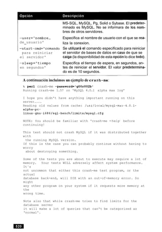 MS-SQL, MySQL, Pg, Solid o Sybase. El predeter-
minado es MySQL. No se informara de 10s nom-
bres de otros servidores.
-user='nornbre- Especifica el nombre de usuario con el que se rea-
de usuario'- liza la conexion.
1 -start-cmd='cornando Se utilizara el comando especificado para reiniciar
para reiniciar el servidor de bases de datos en caso de que se
el servidor' caiga (la disponibilidad de esta opcionlo dice todo).
-sleep='tiempo Especifica el tiempo de espera, en segundos, an-
en segundos' tes de reiniciar el servidor. El valor predetermina-
do es de 10 segundos.
A continuation incluimos un ejemplo de crash-me:
% per1 crash-me -password=~g00r002b~
Running crash-me 1.57 on 'MySQL 4.0.1 alpha max log'
I hope you didn't have anything important running on this
server....
Reading old values from cache: /usr/local/mysql-max-4.0.1-
alpha-pc-
linux-gnu-i686/sql-bench/limits/mysql.cfg
NOTE: You should be familiar with 'crash-me -helpt
before
continuing!
This test should not crash MySQL if it was distributed together
with
the running MySQL version.
If this is the case you can probably continue without having to
worry
about destroying something.
Some of the tests you are about to execute may require a lot of
memory. Your tests WILL adversely affect system performance.
It 's
not uncommon that either this crash-me test program, or the
actual
database back-end, will DIE with an out-of-memory error. So
might
any other program on your system if it requests more memory at
the
wrong time.
Note also that while crash-me tries to find limits for the
database server
it will make a lot of queries that can't be categorized as
'normal'.
 