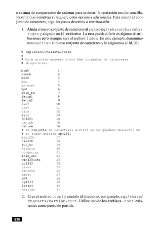 o rutinas de comparacion de cadenas para ordenar, la operacion resulta sencilla.
Resulta mas compleja si requiere estas opciones adicionales. Para aiiadir el con-
junto de caracteres, siga 10s pasos descritos a continuacion:
1. Aiiadael nuevo conjuntode caracteres a1archivosql/share/charsets/
Index y asignele un Id. exclusivo. La ruta puede diferir en algunas distri-
buciones per0 siempre sera el archivo Index.En este ejemplo, denomina-
mos martian a1nuevo conjunto de caracteres y le asignamos el Id. 31:
# sql/share/charsets/Index
#
# Este archivo enumera todos 10s conjuntos de caracteres
# disponibles.
czech
dec8
dos 4
germanl
hp8
koi8-ru
latinl
latin2
swe7
usa7
ujis
sjis
cp1251
danish
hebrew
# El conjunto de caracteres win1251 se ha quedado obsoleto. En
# su lugar utilice cp1251.
win1251 17
tis620 18
euc-kr 19
estonia 20
hungarian 21
koi8-ukr 22
winl25lukr 23
gb2312 24
greek 25
win1250 26
croat 27
gbk 28
cp1257 29
latin5 30
martian 31
2. Cree el archivo .conf y aiiadalo a1directorio, por ejemplo, sql/share/
charsets/martian.conf.Utilice uno de 10s archivos .conf exis-
tentes como punto de partida.
 