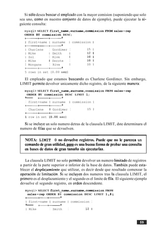 Si solodesea buscar el empleado con la mayor comision (suponiendo que solo
sea uno, como en nuestro conjunto de datos de ejemplo), puede ejecutar la si-
guicnte consulta:
mysql> SELECT first~name,surname,couanissionFROMsales-rep
ORDER BY conmLission DESC;
-+- +- +
I first-name I surname I commission I
+- +-+- +
I Charlene I Gordimer I 1 5 1
I Mike I Smith I 12 1
I Sol I Rive I 10 1
I Mike I Serote I 10 1
I Mongane I Rive I 1 0 1
t----+-+- +
5 rows in set ( 0 . 0 0 sec)
El cmpleado que estamos buscando es Charlene Gordimcr. Sin embargo,
LIMIT permite devolver unicamente dicho rcgistro, de la siguiente manera:
mysql> SELECT first-name,surname,commission FROM sales-rep
ORDER BY commission DESC LIMIT 1;
+--- +- +- +
I first-name I surname I commission I
+- +- +- +
I Charlene I Gordimer I 1 5 1
+------+-+- +
1 row in set (0 - 0 0 sec)
Si se incluye un solo numero detras dc la clausula LIMIT, dste determinara cl
numero de filas que se dcvuelven.
NOTA: LIMIT 0 no devuelve registros. Puede que no le parezca un
comandode gran utilidad, per0es una buena forrnade probaruna consulta
en bases de datos de gran tamafiosin ejecutarias.
La clausula LIMIT no solo permite devolver un numero limitado de registros
a partir de la parte superior o inferior de la base de datos. Tambien puede esta-
blecer el desplazamiento quc utilizar, es decir desde que resultado comenzar la
operation de limitacion. Si se inchyen dos numeros tras la clausula LIMIT, el
primer0 es el desplazamiento y el segundo es el limite de fila. El siguiente ejemplo
devuelve el segundo registro, en orden descendente.
mysql> SELECT first~name,surname,con~ssionFROM
sales-rep ORDER BY commission DESC LIMIT 1 , l ;
+- +-+- +
I first-name I surname I commission I
+--- +-+- +
I Mike I Smith I 12 1
 
