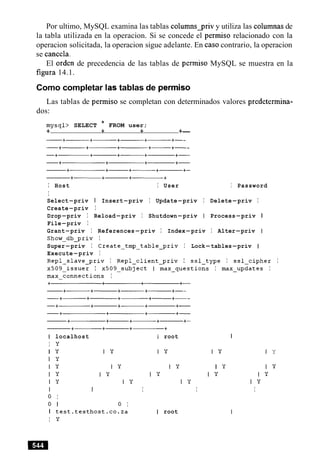 Por ultimo, MySQL examina las tablas colurnnsqriv y utiliza las columnas de
la tabla utilizada en la operacion. Si se concede el permiso relacionado con la
operacion solicitada, la operacion sigue adelante. En caso contrario, la operacion
se cancela.
El orden de precedencia de las tablas de permiso MySQL se muestra en la
figura 14.1.
Como completar las tablas de permiso
Las tablas de permiso se completan con determinados valores predetermina-
dos:
mysql> SELECT * FROM user;
+ + + +-
I Host I User I Password
I
Select-priv I Insert-priv I Update-priv I Delete-priv I
Create-priv I
Drop-priv I Reload-priv I Shutdown-priv I Process-priv I
File-priv I
Grant-priv I References-priv I Index-priv I Alter-priv I
Show-db-priv I
Super-priv I Create-tmp-table-priv I Lock-tables-priv I
Execute-priv I
Repl-slave-priv I Repl-client-priv I ssl-type I ssl-cipher I
x509-issuer I x509-subject I max-questions I max-updates I
max-connections I
I localhost 1 root I
I y
I Y I Y I Y I Y I Y
I Y
I Y I Y I Y I Y I y
I y I Y I y I y I y
I Y I Y I Y I y
I I I I I
0 I
0 I 0 I
I test.testhost.co.za
I y
I root
 