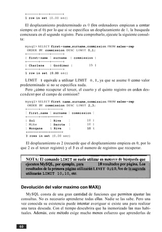 +- +-+-+
1 row in set (0.00 sec)
El desplazamiento predeterminado es 0 (10s ordenadores empiezan a contar
siemprc en el 0) por lo que si se especifica un desplazamiento de 1, la busqueda
comcnzara en el segundo rcgistro. Para comprobarlo, ejecute la siguiente consul-
ta:
mysql> SELECT first-name,surname,commission FROM sales-rep
ORDER BY commission DESC L I M I T 0,l;
+- +- +-+
I first-name I surname I commission I
+- +- +-+
I Charlene I Gordimer I 15 1
+- +-+-+
1 row in set (0.OO sec)
LIMIT 1 equivak a utilizar LIMIT 0 , 1, ya que se asume 0 como valor
predeterminado si no se especifica nada.
Pero ~ c o m orccupcrar cl tercer, el cuarto y el quinto registro en orden des-
cendent~por cl campo de comision?
mysql> SELECT first name,surname,commission FROM sales-rep
ORDER BY commission DESC L I M I T 2,3;
+-+-+------+
I first -name I surname I commission I
+- +- +------+
I Sol I Rive I 10 1
I Mlke I Serote I 10 1
I, Monqane I, Rive I, 10 1,
+- +-+------+
3 rows in set (0.00 sec)
El desplazamiento es 2 (recuerde que el desplazamiento empieza en 0, por lo
que 2 es el tercer registro) y el 3 es el numero de registros que recuperar.
- - - -- --- - ---- --- -- --- --
1 NOTA: El comandoLIMIT sc suelc utilirar en motores rk blisqucda pue Iejecuten MySQL, por ejempio,pe~'a 18resultadospor p i g k Los
resultadosde la primerap&m ud1izWLIMIT O el0.40s de l a w &
utilizarh LIMIT 10,10,&&.
Devoluciondel valor maximo con MAX()
MySQL consta de una gran cantidad de funciones que permiten ajustar las
consultas. No es necesario aprenderse todas ellas. Nadie se las sabe. Pero una
vez conocida su esistencia puede intentar averiguar si existe una para realizar
una tarea deseada. Con el tiempo descubrira que ha inemorizado las mas habi-
tuales. Ademas, este metodo esige mucho menos esfuerzo que aprenderlas de
 