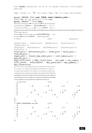 Your MySQL connection id is 22 to server version: 4.0.1-alpha-
max-log
Type 'help;' or 'h' for help. Type 'c' to clear the buffer.
mysql> DELETE FROM user WHERE user='regular-user';
Query OK, 1 row affected (0.00 sec)
mysql> SELECT * FROM user;
+ + + +-
+--- +------+------ +--
+ + +-- +--
+ +-
+ +- +------+------ +-
+ +--- + +
I Host I User
I
Select-priv I Insert-priv I Update-priv
Create-priv I
Drop-priv I Reload-priv I Shutdown-priv
File-priv I
I Password
I Delete-priv I
I Process-priv I
-
Repl-slave-priv I Repl-client-priv I ssl-type I ssl-cipher I
~509-issuer I ~509-subject I max-questions I max-updates I
max-connections I
I localhost
I Y
I y I Y
I y
I Y I Y
I Y I Y
I y I Y
I
0 I
0 I 0 I
I test.testhost.co.za
I Y
I y I Y
I y
I y I y
I y I Y
I Y I Y
I
0 I
I root
I root
 