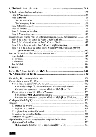 9. Diseiio de bases de datos ..............................................................................321
.......................................................................Ciclo de vida de las bases de datos 322
...................................................................................................Fase 1:Analisis 323
....................................................................................................Fase 2: Diseiio 324
.........................................................................................Diseiio conceptual 325
....................................................................................Diseiio logic0 y fisico 329
Fase 3: Implementacion ...............................................................................333
Fase 4: Pruebas .............................................................................................. 333
Fase 5: Puesta en marcha ................................................................................. 334
.......................................................................................Fase 6: Mantenimiento 335
..........Un ejemplo del mundo real: un sistema de seguimiento de publicaciones 336
Fase 1 de la base de datos de Poet's Circle: Analisis ..................................... 336
Fase 2 de la base de datos de Poet's Circle: Diseiio ....................................... 337
Fase 2 de la base de datos Poet's Circle: Implementacion ............................. 341
Fase 4 a 6 de la base de datos Poet's Circle: Prueba. puesta en marcha
. .
.......................................................................................y rnantenlrnlento 342
Control de simultaneidad mediante transacciones ............................................... 343
Atomicidad .......................................................................................................... 343
..........................................................................................................Coherencia 343
Aislamiento ......................................................................................................... 344
Durabilidad ................................................................................................... 344
Resumen ................................................................................................................... 344
Parte I11. Administracibn de MySQL ..............................................................347
10. Administracibn baisica ..................................................................................349
......................................................................Uso de MySQL como administrador 350
Como iniciar y cerrar MySQL ............................................................................ 352
Como iniciar y cerrar MySQL en Unix ............................................................ 352
Como iniciar MySQL automaticamente a1arrancar el sistema ................. 354
Como evitar problemas comunes a1iniciar MySQL en Unix..................... 355
Como iniciar y cerrar MySQL en Windows ..................................................... 355
Como iniciar MySQL automaticamente .................................................... 356
.............Como evitar problemas comunes a1iniciar MySQL enWindows 358
.......................................................................................Configuration de MySQL 359
Registro .................................................................................................................... 363
El archivo de errores .......................................................................................... 363
El registro de consultas ...................................................................................364
El registro de actualization binario ................................................................ 365
El registro de consultas lentas ......................................................................... 368
Rotacion de registros ..................................................................................369
Optimization, analisis, comprobacion y reparacion de tablas .............................. 372
Optimization de tablas ....................................................................................373
Optimization de tablas con la instruccion OPTIMIZE .............................. 373
 