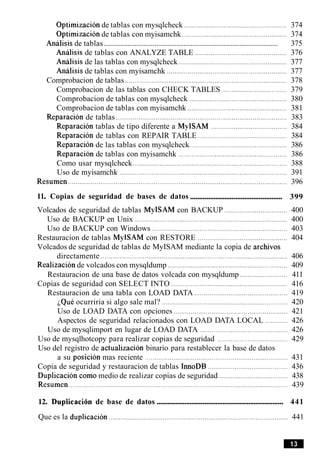 Optimizacion de tablas con mysqlcheck ..................................................... 374
Optimizacion de tablas con myisamchk ....................................................... 374
................................................................................................Analisis de tablas 375
Analisis de tablas con ANALYZE TABLE ................................................ 376
Analisis de las tablas con mysqlcheck ......................................................... 377
Analisis de tablas con myisamchk ............................................................... 377
Comprobacion de tablas ..................................................................................... 378
Comprobacion de las tablas con CHECK TABLES .................................. 379
Comprobacion de tablas con mysqlcheck ................................................... 380
Comprobacion de tablas con myisamchk .................................................... 381
Reparacion de tablas .......................................................................................... 383
Reparacion tablas de tipo diferente a MyISAM ........................................ 384
Reparacion de tablas con REPAIR TABLE ............................................... 384
Reparacion de las tablas con mysqlcheck ................................................... 386
Reparacion de tablas con myisamchk ......................................................... 386
Como usar mysqlcheck ................................................................................. 388
Uso de myisamchk ........................................................................................ 391
Resumen ................................................................................................................... 396
...................................................11. Copias de seguridad de bases de datos 399
Volcados de seguridad de tablas MylSAM con BACKUP ................................. 400
Uso de BACKUP en Unix .............................................................................. 400
Uso de BACKUP con Windows ....................................................................... 403
Restauracion de tablas MyISAM con RESTORE ............................................... 404
Volcados de seguridad de tablas de MyISAM mediante la copia de archivos
directamente .............................................................................................. 406
Realizacion de volcados con mysqldump ............................................................... 409
Restauracion de una base de datos volcada con mysqldump ......................... 411
Copias de seguridad con SELECT INTO ............................................................. 416
Restauracion de una tabla con LOAD DATA ................................................. 419
~QuCocurriria si algo sale mal? .................................................................. 420
Uso de LOAD DATA con opciones ............................................................ 421
Aspectos de seguridad relacionados con LOAD DATA LOCAL ............ 426
Uso de mysqlimport en lugar de LOAD DATA .............................................. 426
Uso de mysqlhotcopy para realizar copias de seguridad ..................................... 429
Uso del registro de actualizacion binario para restablecer la base de datos
. .
a su posicion mas reciente ........................................................................... 431
Copia de seguridad y restauracion de tablas InnoDB .......................................... 436
Duplicacion como medio de realizar copias de seguridad .................................... 438
Resumen ................................................................................................................... 439
.....................................................................12. Duplicaci6n de base de datos 441
Que es la duplicacion .............................................................................................. 441
 