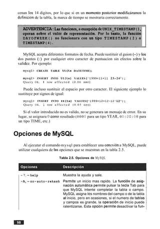 cenan 10s 14 digitos, por lo quc si en un momento postcrior modificaramos la
definition de la tabla, la marca de tiempo se mostraria correctamente.
ADVERTENCIA:Las funciones,a excepcibndeUNIX TIMESTAMP ( 1,
operan sobre el wlm de representacih. Por lo tipto, la funcibn
DAYOFWEEK() no funcionara con un tipo TIMESTAMP ( 2 ) o
TIMESTAMP ( 4) .
MySQL acepta diferentes formatos de fecha. Puede sustituir el guion (-) y 10s
dos puntos (:) por cualquier otro caracter de puntuacion sin efectos sobre la
validez. Por ejemplo:
mysql> CREATE TABLE t t ( t s DATETIME);
mysql> INSERT INTO t t (ts) VALUES ( 'l999+ll+ll 23- 24 ' ) ;
Query OK, 1 row a f f e c t e d ( 0 . 0 6 s e c )
Puede incluso sustituir el espacio por otro caracter. El siguicnte ejemplo lo
sustituye por signos de igual:
mysql> INSERT INTO tt ( t s ) VALUES ( l999+l2=l2-l2'12') ;
Query OK, I row a f f e c t e d ( 0 . 0 5 s e c )
Si el valor introducido no es valido, no se generara un mensaje dc error. En su
lugar, se asignara 0 como resultado (0 00 0 para un tip0 YEAR, 0 0:0 0: 00 para
un tipo TIME, etc.)
Opciones de MySQL
A1ejecutar el comando mysql para establecer una conesion a MySQL, puede
utilizar cualquiera de las opciones que se muestran en la tabla 2.5.
Tabla 2.5. Opciones de MySQL
- ?, -help Muestra la ayuda y sale.
-A,- no-auto-rehash Permite un inicio mas rapido. La funci6n de asig-
nacion automatics permite pulsar la tecla Tab para
que MySQL intente completar la tabla o campo.
MySQL asigna 10snombres del campo o de la tabla
al inicio, per0 en ocasiones, si el numero de tablas
y campos es grande, la operacion de inicio puede
ralentizarse. Esta opcion permite desactivar la fun-
 