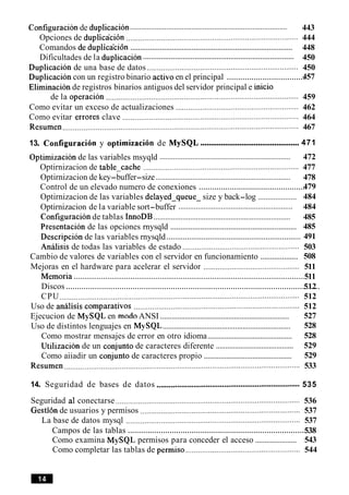 . .
..................................................................................Configuracion de duplication 443
. . .
Opciones de duplication .................................................................................... 444
. . . ..................................................................................Comandos de duplicaclon 448
............................................................................Dificultades de la duplicacion 450
Duplicacion de una base de datos ..........................................................................450
...................................Duplicacion con un registro binario activo en el principal 457
Eliminacion de registros binarios antiguos del servidor principal e inicio
de la operacion ..............................................................................................459
Como evitar un exceso de actualizaciones ............................................................ 462
Como evitar errores clave ................................................................................... 464
Resumen ................................................................................................................... 467
................................................13. Configuration y optirnizacion de MySQL 471
....................................................................Optimizacion de las variables msyqld 472
Optirnizacion de table-cache ............................................................................ 477
......................................................................Optirnizacion de key-buffer-size 478
.................................................Control de un elevado numero de conexiones 479
....................Optirnizacion de las variables delayed-queue- size y back-log 484
...........................................................Optirnizacion de la variable sort-buffer 484
.......................................................................Configuration de tablas InnoDB 485
...............................................................Presentacion de las opciones rnysqld 485
.................................................................Descripcion de las variables rnysqld 491
Analisis de todas las variables de estado .................................................... 503
...................Cambio de valores de variables con el servidor en funcionamiento 508
Mejoras en el hardware para acelerar el servidor ............................................... 511
..............................................................................................................Memoria 511
..................................................................................................................Discos 512
CPU ..................................................................................................................... 512
. . .
Uso de anallsls comparativos ................................................................................. 512
....................................................................Ejecucion de MySQL en mod0 ANSI 527
...................................................................Uso de distintos lenguajes en MySQL 528
.............................................Como mostrar mensajes de error en otro idioma 528
.........................................Utilizacion de un conjunto de caracteres diferente 529
...............................................Como aiiadir un conjunto de caracteres propio 529
Resumen ................................................................................................................. 533
14. Seguridad de bases de datos ......................................................................535
Seguridad a1 conectarse .......................................................................................... 536
..Gestion de usuarios y permisos .............................................................................. 537
La base de datos mysql .................................................................................... 537
....................................................................................Campos de las tablas 538
......................Como examina MySQL permisos para conceder el acceso 543
Como completar las tablas de permiso ........................................................ 544
 
