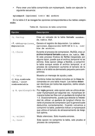 Para crear una tabla comprimida con myisampack, basta con ejecutar la
siguiente secuencia:
myisampack [opciones] nombre del archivo
En la tabla 2.6 se recogen las opciones correspondientes a las tablas compri-
midas.
Tabla 2.6. Opciones de tabla comprimida
- #, -debug=opciones-
depuracion
- j big-nombrede
tabla,-join=
nombredetabla
Crea un volcado de la tabla llamado nornbre-
de-tabla.OLD.
Genera el registro de depuracion. La cadena
opciones-depuracibn ~ u e l eser d:t:o, nom-
bre de archivo.
Durante el proceso de compresion, MySQL crea un
archivo temporal llamadonombre-de-tabla. TMD.
Si este proceso finaliza de forma inesperada por
alguna razon, puede que el archivo temporal no se
elimine. Esta opcion obliga a MySQL a comprimir
la tabla aunque exista el archivo temporal, si el
proceso de compresion aumenta el tamaiio de la
tabla o si la tabla es demasiado pequeiia para com-
primirse.
Muestra un mensaje de ayuda y sale.
Combina todas las tablas incluidas en la linea de
comandos en una tabla mayor. Las tablas deben
ser identicas (en todos 10s aspectos, como colum-
nas e indices).
Por regla general, esta opcion solo se utiliza al eje-
cutar myisampack por segunda vez. myisampac al-
macena todas las filas con un punterode longitud de
1-3.Ocasionalmente, puede que detecte la necesi-
dad de utilizar un puntero de longitud inferior du-
rante el proceso de compresion (por lo general suele
deducirlos correctamente). Cuando volvamos a
comprimir la tabla, podemos indicar a myisampack
que utilice el tamaiio de almacenamiento de longi-
tud optima.
Modo silencioso. Solo muestra errores.
Esta opcion no comprime la tabla, solo prueba el
proceso de compresion.
 