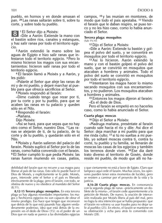 pueblo, en hornos y en donde amasan el
pan. 29 Las ranas saltarán sobre ti, sobre tu
corte, y sobre todo tu pueblo.
1 El Señor dijo a Moisés:
–Dile a Aarón: Extiende la mano con
el bastón sobre ríos, canales y estanques,
y haz salir ranas por todo el territorio egip-
cio.
2 Aarón extendió la mano sobre las
aguas de Egipto e hizo salir ranas que in-
festaron todo el territorio egipcio. 3 Pero lo
mismo hicieron los magos con sus encan-
tamientos: hicieron salir ranas por todo el
territorio egipcio.
4 El faraón llamó a Moisés y a Aarón, y
les pidió:
–Pídanle al Señor que aleje las ranas de
mí y de mi pueblo, y dejaré marchar al pue-
blo para que ofrezca sacriﬁcios al Señor.
5 Moisés respondió al faraón:
–Dime cuándo tengo que rezar por ti,
por tu corte y por tu pueblo, para que se
acaben las ranas en tu palacio y queden
sólo en el Nilo.
6 Respondió el faraón:
–Mañana.
Dijo Moisés:
–Así se hará, para que sepas que no hay
otro como el Señor, nuestro Dios. 7 Las ra-
nas se alejarán de ti, de tu palacio, de tu
corte y de tu pueblo, y quedarán sólo en el
Nilo.
8 Moisés y Aarón salieron del palacio del
faraón. Moisés suplicó al Señor por lo de las
ranas, como había convenido con el faraón.
9 El Señor cumplió lo que pedía Moisés: las
ranas fueron muriendo en casas, patios,
8
campos, 10 y las reunían en montones, de
modo que todo el país apestaba. 11 Viendo
el faraón que le daban respiro, se puso ter-
co y no les hizo caso, como lo había anun-
ciado el Señor.
Tercera plaga: mosquitos
(Sab 19,10)
12 Dijo el Señor a Moisés:
–Dile a Aarón: Extiende tu bastón y gol-
pea el polvo del suelo, y se convertirá en
mosquitos por todo el territorio egipcio.
13 Así lo hicieron. Aarón extendió la
mano y con el bastón golpeó el polvo del
suelo, que se convirtió en mosquitos que
atacaban a hombres y animales. Todo el
polvo del suelo se convirtió en mosquitos
por todo el territorio egipcio.
14 Intentaron los magos hacer lo mismo
sacando mosquitos con sus encantamien-
tos, y no pudieron. Los mosquitos atacaban
a hombres y animales.
15 Entonces los magos dijeron al faraón:
–Es el dedo de Dios.
Pero el faraón se empeñó en no hacerles
caso, como lo había anunciado el Señor.
Cuarta plaga: moscas
16 Dijo el Señor a Moisés:
–Madruga mañana, preséntate al faraón
cuando sale hacia el río y dile: Así dice el
Señor: deja marchar a mi pueblo para que
me rinda culto; 17 si tú no sueltas a mi pue-
blo, yo soltaré moscas contra ti, contra tu
corte, tu pueblo y tu familia, se llenarán de
moscas las casas de los egipcios y también
los terrenos donde viven. 18 Ese día daré
trato diverso al territorio de Gosén, donde
reside mi pueblo, de modo que allí no ha-
debilidad del faraón que no recurre a sus magos para
liberar al país de las ranas. Esto sólo lo puede hacer el
Dios de Moisés, y explícitamente se lo pide. Moisés,
pues, intercede ante el Señor y el país es liberado
efectivamente de la plaga; pero el faraón, con todo, se
obstina de nuevo y no obedece al mandato del Señor
(8,11).
8,12-15 Tercera plaga: mosquitos. En esta tercera
plaga ya hay algunas novedades importantes: los ma-
gos y hechiceros egipcios no son capaces de obrar el
mismo prodigio. Eso hace que tengan que reconocer
que detrás de lo que está pasando hay alguien verda-
deramente poderoso, idea que está detrás de la ex-
presión «es el dedo de Dios» (15): es el poder de un
Dios que en nada se parece a las divinidades egipcias
y que ciertamente no está a favor de Egipto. Claro que
tampoco aquí cede el faraón. Muchas veces, los opre-
sores pueden tener estos momentos de lucidez, pero
se resisten a caminar por el proyecto de la vida y la
justicia.
8,16-28 Cuarta plaga: moscas. En consonancia
con la segunda plaga de ranas –prácticamente un do-
blete de la misma–, el faraón cede aparentemente a la
petición de Moisés. De nuevo, la oración de interce-
sión realizada por Moisés libera al país del mal, pero
no logra la otra intención que se había propuesto: que
el faraón no volviera «a usar fraudes para no dejar sa-
lir al pueblo» (25). En efecto, el faraón se mantiene en
su obstinación y echa para atrás lo convenido con
Moisés (28).
101 ÉXODO 8
 