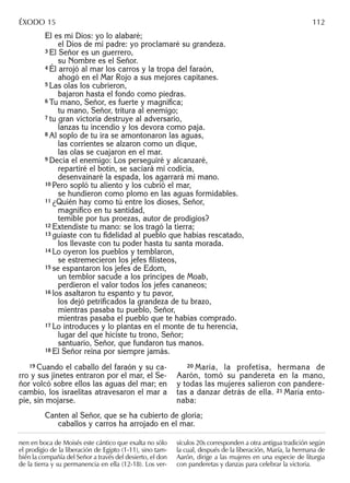 Él es mi Dios: yo lo alabaré;
el Dios de mi padre: yo proclamaré su grandeza.
3 El Señor es un guerrero,
su Nombre es el Señor.
4 Él arrojó al mar los carros y la tropa del faraón,
ahogó en el Mar Rojo a sus mejores capitanes.
5 Las olas los cubrieron,
bajaron hasta el fondo como piedras.
6 Tu mano, Señor, es fuerte y magníﬁca;
tu mano, Señor, tritura al enemigo;
7 tu gran victoria destruye al adversario,
lanzas tu incendio y los devora como paja.
8 Al soplo de tu ira se amontonaron las aguas,
las corrientes se alzaron como un dique,
las olas se cuajaron en el mar.
9 Decía el enemigo: Los perseguiré y alcanzaré,
repartiré el botín, se saciará mi codicia,
desenvainaré la espada, los agarrará mi mano.
10 Pero sopló tu aliento y los cubrió el mar,
se hundieron como plomo en las aguas formidables.
11 ¿Quién hay como tú entre los dioses, Señor,
magníﬁco en tu santidad,
temible por tus proezas, autor de prodigios?
12 Extendiste tu mano: se los tragó la tierra;
13 guiaste con tu ﬁdelidad al pueblo que habías rescatado,
los llevaste con tu poder hasta tu santa morada.
14 Lo oyeron los pueblos y temblaron,
se estremecieron los jefes ﬁlisteos,
15 se espantaron los jefes de Edom,
un temblor sacude a los príncipes de Moab,
perdieron el valor todos los jefes cananeos;
16 los asaltaron tu espanto y tu pavor,
los dejó petriﬁcados la grandeza de tu brazo,
mientras pasaba tu pueblo, Señor,
mientras pasaba el pueblo que te habías comprado.
17 Lo introduces y lo plantas en el monte de tu herencia,
lugar del que hiciste tu trono, Señor;
santuario, Señor, que fundaron tus manos.
18 El Señor reina por siempre jamás.
nen en boca de Moisés este cántico que exalta no sólo
el prodigio de la liberación de Egipto (1-11), sino tam-
bién la compañía del Señor a través del desierto, el don
de la tierra y su permanencia en ella (12-18). Los ver-
sículos 20s corresponden a otra antigua tradición según
la cual, después de la liberación, María, la hermana de
Aarón, dirige a las mujeres en una especie de liturgia
con panderetas y danzas para celebrar la victoria.
ÉXODO 15 112
20 María, la profetisa, hermana de
Aarón, tomó su pandereta en la mano,
y todas las mujeres salieron con pandere-
tas a danzar detrás de ella. 21 María ento-
naba:
19 Cuando el caballo del faraón y su ca-
rro y sus jinetes entraron por el mar, el Se-
ñor volcó sobre ellos las aguas del mar; en
cambio, los israelitas atravesaron el mar a
pie, sin mojarse.
Canten al Señor, que se ha cubierto de gloria;
caballos y carros ha arrojado en el mar.
 