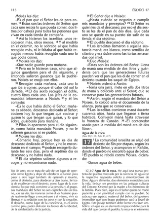 Moisés les dijo:
–Es el pan que el Señor les da para co-
mer. 16 Éstas son las órdenes del Señor: que
cada uno recoja lo que pueda comer, dos li-
tros por cabeza para todas las personas que
vivan en cada tienda de campaña.
17 Así lo hicieron los israelitas: unos re-
cogieron más, otros menos. 18 Y al medirlo
en el celemín, no le sobraba al que había
recogido más, ni le faltaba al que había re-
cogido menos: había recogido cada uno lo
que podía comer.
19 Moisés les dijo:
–Que nadie guarde para mañana.
20 Pero no le hicieron caso, sino que al-
gunos guardaron para el día siguiente, y
entonces salieron gusanos que lo pudrie-
ron. Moisés se enojó con ellos.
21 Recogían cada mañana, cada uno lo
que iba a comer, porque el calor del sol lo
derretía. 22 El día sexto recogían el doble,
cuatro litros cada uno. Los jefes de la co-
munidad informaron a Moisés 23 y él les
contestó:
–Es lo que había dicho el Señor: maña-
na es sábado, descanso dedicado al Señor;
cocinen hoy lo que tengan que cocinar y
guisen lo que tengan que guisar, y lo que
sobre, guárdenlo para mañana.
24 Ellos lo apartaron para el día siguien-
te, como había mandado Moisés, y no le
salieron gusanos ni se pudrió.
25 Moisés les dijo:
–Cómanlo hoy, porque hoy es día de
descanso dedicado al Señor, y no lo encon-
trarán en el campo; 26 podrán recogerlo du-
rante los seis días, pero el séptimo día es
descanso y no habrá nada.
27 El día séptimo salieron algunos a re-
coger y no encontraron nada.
28 El Señor dijo a Moisés:
–¿Hasta cuándo se negarán a cumplir
mis mandatos y preceptos? 29 El Señor es
quien les da el descanso; por eso el día sex-
to se les da el pan de dos días. Que cada
uno se quede en su puesto sin salir de su
tienda el día séptimo.
30 El pueblo descansó el día séptimo.
31 Los israelitas llamaron a aquella sus-
tancia maná: era blanca, como semillas de
cilantro y era dulce como las tortas amasa-
das con miel.
32 Dijo Moisés:
–Éstas son las órdenes del Señor: Llena
de maná una medida de dos litros y guár-
denla para que las generaciones futuras
puedan ver el pan que les di de comer en el
desierto cuando los saqué de Egipto.
33 Moisés ordenó a Aarón:
–Toma una jarra, mete en ella dos litros
de maná y colócalo ante el Señor; que se
conserve para las generaciones futuras.
34 Aarón, según el mandato del Señor a
Moisés, lo colocó ante el documento de la
alianza, para que se conservase.
35 Los israelitas comieron maná durante
cuarenta años, hasta que llegaron a tierra
habitada. Comieron maná hasta atravesar
la frontera de Canaán. 36 –El contenedor
usado para la medida del maná era de dos
litros–.
Agua de la roca
(Nm 20,1-13; Sab 11,4.7)
1 La comunidad israelita se alejó del
desierto de Sin por etapas, según las
órdenes del Señor, y acamparon en Raﬁdín,
donde el pueblo no encontró agua de beber.
2 El pueblo se rebeló contra Moisés, dicien-
do:
–Danos agua de beber.
17
bio de amo, no se trata de salir de un lugar de opre-
sión como Egipto y dejar de obedecer al faraón para
pasar a otro lugar también de opresión y muerte,
como el desierto, para obedecer a otro tirano. Se tra-
ta de establecer en el desierto, como lugar de la con-
ciencia, lo que más conviene a la persona y al grupo.
Los mandatos del Señor no son caprichos de un tira-
no, son las vías, las maneras como el ser humano pue-
de realmente llegar a encontrarse a sí mismo, vivir su
libertad y su relación con los otros y con la creación.
El desierto, como lugar de la conciencia, es el único
camino para poder disfrutar los bienes de la libertad,
de la solidaridad y de la justicia.
17,1-7 Agua de la roca. He aquí una nueva pro-
testa del pueblo motivada por la carencia de agua con
la respectiva respuesta solícita y misericordiosa de
Dios. Agua y alimento, dos elementos esenciales para
la vida, debían ser provistos en las antiguas culturas
del Cercano Oriente por la madre a los miembros de
la familia. Pues bien, aquí es el Señor quien de modo
paciente y con prontitud cumple con su pueblo. Se
subraya ese aspecto maternal del Señor, del guerrero
invencible que con brazo poderoso sacó a Israel de
Egipto. Este pasaje también debe leerse en clave sim-
bólica: el agua es un elemento imprescindible para la
vida del que carece el pueblo; la roca es el elemento
115 ÉXODO 17
 