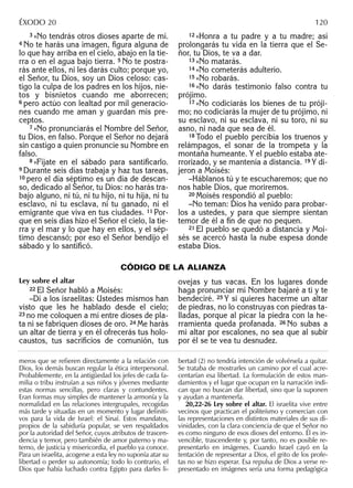 3 »No tendrás otros dioses aparte de mí.
4 No te harás una imagen, ﬁgura alguna de
lo que hay arriba en el cielo, abajo en la tie-
rra o en el agua bajo tierra. 5 No te postra-
rás ante ellos, ni les darás culto; porque yo,
el Señor, tu Dios, soy un Dios celoso: cas-
tigo la culpa de los padres en los hijos, nie-
tos y bisnietos cuando me aborrecen;
6 pero actúo con lealtad por mil generacio-
nes cuando me aman y guardan mis pre-
ceptos.
7 »No pronunciarás el Nombre del Señor,
tu Dios, en falso. Porque el Señor no dejará
sin castigo a quien pronuncie su Nombre en
falso.
8 »Fíjate en el sábado para santiﬁcarlo.
9 Durante seis días trabaja y haz tus tareas,
10 pero el día séptimo es un día de descan-
so, dedicado al Señor, tu Dios: no harás tra-
bajo alguno, ni tú, ni tu hijo, ni tu hija, ni tu
esclavo, ni tu esclava, ni tu ganado, ni el
emigrante que viva en tus ciudades. 11 Por-
que en seis días hizo el Señor el cielo, la tie-
rra y el mar y lo que hay en ellos, y el sép-
timo descansó; por eso el Señor bendijo el
sábado y lo santiﬁcó.
12 »Honra a tu padre y a tu madre; así
prolongarás tu vida en la tierra que el Se-
ñor, tu Dios, te va a dar.
13 »No matarás.
14 »No cometerás adulterio.
15 »No robarás.
16 »No darás testimonio falso contra tu
prójimo.
17 »No codiciarás los bienes de tu próji-
mo; no codiciarás la mujer de tu prójimo, ni
su esclavo, ni su esclava, ni su toro, ni su
asno, ni nada que sea de él.
18 Todo el pueblo percibía los truenos y
relámpagos, el sonar de la trompeta y la
montaña humeante. Y el pueblo estaba ate-
rrorizado, y se mantenía a distancia. 19 Y di-
jeron a Moisés:
–Háblanos tú y te escucharemos; que no
nos hable Dios, que moriremos.
20 Moisés respondió al pueblo:
–No teman: Dios ha venido para probar-
los a ustedes, y para que siempre sientan
temor de él a ﬁn de que no pequen.
21 El pueblo se quedó a distancia y Moi-
sés se acercó hasta la nube espesa donde
estaba Dios.
meros que se reﬁeren directamente a la relación con
Dios, los demás buscan regular la ética interpersonal.
Probablemente, en la antigüedad los jefes de cada fa-
milia o tribu instruían a sus niños y jóvenes mediante
estas normas sencillas, pero claras y contundentes.
Eran formas muy simples de mantener la armonía y la
normalidad en las relaciones intergrupales, recogidas
más tarde y situadas en un momento y lugar deﬁniti-
vos para la vida de Israel: el Sinaí. Estos mandatos,
propios de la sabiduría popular, se ven respaldados
por la autoridad del Señor, cuyos atributos de trascen-
dencia y temor, pero también de amor paterno y ma-
terno, de justicia y misericordia, el pueblo ya conoce.
Para un israelita, acogerse a esta ley no suponía atar su
libertad o perder su autonomía; todo lo contrario, el
Dios que había luchado contra Egipto para darles li-
bertad (2) no tendría intención de volvérsela a quitar.
Se trataba de mostrarles un camino por el cual acre-
centarían esa libertad. La formulación de estos man-
damientos y el lugar que ocupan en la narración indi-
can que no buscan dar libertad, sino que la suponen
y ayudan a mantenerla.
20,22-26 Ley sobre el altar. El israelita vive entre
vecinos que practican el politeísmo y comercian con
las representaciones en distintos materiales de sus di-
vinidades, con la clara conciencia de que el Señor no
es como ninguno de esos dioses del entorno. Él es in-
vencible, trascendente y, por tanto, no es posible re-
presentarlo en imágenes. Cuando Israel cayó en la
tentación de representar a Dios, el grito de los profe-
tas no se hizo esperar. Esa repulsa de Dios a verse re-
presentado en imágenes sería una forma pedagógica
ÉXODO 20 120
CÓDIGO DE LA ALIANZA
Ley sobre el altar
22 El Señor habló a Moisés:
–Di a los israelitas: Ustedes mismos han
visto que les he hablado desde el cielo;
23 no me coloquen a mí entre dioses de pla-
ta ni se fabriquen dioses de oro. 24 Me harás
un altar de tierra y en él ofrecerás tus holo-
caustos, tus sacriﬁcios de comunión, tus
ovejas y tus vacas. En los lugares donde
haga pronunciar mi Nombre bajaré a ti y te
bendeciré. 25 Y si quieres hacerme un altar
de piedras, no lo construyas con piedras ta-
lladas, porque al picar la piedra con la he-
rramienta queda profanada. 26 No subas a
mi altar por escalones, no sea que al subir
por él se te vea tu desnudez.
 