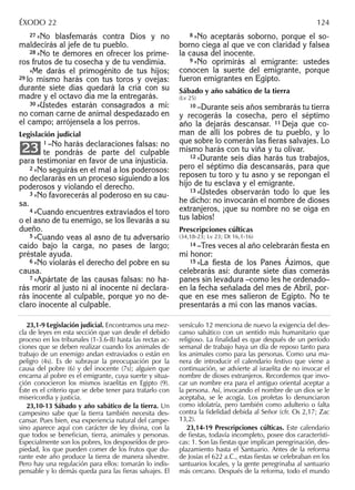 27 »No blasfemarás contra Dios y no
maldecirás al jefe de tu pueblo.
28 »No te demores en ofrecer los prime-
ros frutos de tu cosecha y de tu vendimia.
»Me darás el primogénito de tus hijos;
29 lo mismo harás con tus toros y ovejas:
durante siete días quedará la cría con su
madre y el octavo día me la entregarás.
30 »Ustedes estarán consagrados a mí:
no coman carne de animal despedazado en
el campo; arrójensela a los perros.
Legislación judicial
1 –No harás declaraciones falsas: no
te pondrás de parte del culpable
para testimoniar en favor de una injusticia.
2 »No seguirás en el mal a los poderosos:
no declararás en un proceso siguiendo a los
poderosos y violando el derecho.
3 »No favorecerás al poderoso en su cau-
sa.
4 »Cuando encuentres extraviados el toro
o el asno de tu enemigo, se los llevarás a su
dueño.
5 »Cuando veas al asno de tu adversario
caído bajo la carga, no pases de largo;
préstale ayuda.
6 »No violarás el derecho del pobre en su
causa.
7 »Apártate de las causas falsas: no ha-
rás morir al justo ni al inocente ni declara-
rás inocente al culpable, porque yo no de-
claro inocente al culpable.
23
8 »No aceptarás soborno, porque el so-
borno ciega al que ve con claridad y falsea
la causa del inocente.
9 »No oprimirás al emigrante: ustedes
conocen la suerte del emigrante, porque
fueron emigrantes en Egipto.
Sábado y año sabático de la tierra
(Lv 25)
10 –Durante seis años sembrarás tu tierra
y recogerás la cosecha, pero el séptimo
año la dejarás descansar. 11 Deja que co-
man de allí los pobres de tu pueblo, y lo
que sobre lo comerán las ﬁeras salvajes. Lo
mismo harás con tu viña y tu olivar.
12 »Durante seis días harás tus trabajos,
pero el séptimo día descansarás, para que
reposen tu toro y tu asno y se repongan el
hijo de tu esclava y el emigrante.
13 »Ustedes observarán todo lo que les
he dicho: no invocarán el nombre de dioses
extranjeros, ¡que su nombre no se oiga en
tus labios!
Prescripciones cúlticas
(34,18-23; Lv 23; Dt 16,1-16)
14 –Tres veces al año celebrarán ﬁesta en
mi honor:
15 »La ﬁesta de los Panes Ázimos, que
celebrarás así: durante siete días comerás
panes sin levadura –como les he ordenado–
en la fecha señalada del mes de Abril, por-
que en ese mes salieron de Egipto. No te
presentarás a mí con las manos vacías.
23,1-9 Legislación judicial. Encontramos una mez-
cla de leyes en esta sección que van desde el debido
proceso en los tribunales (1-3.6-8) hasta las rectas ac-
ciones que se deben realizar cuando los animales de
trabajo de un enemigo andan extraviados o están en
peligro (4s). Es de subrayar la preocupación por la
causa del pobre (6) y del inocente (7s); alguien que
encarna al pobre es el emigrante, cuya suerte y situa-
ción conocieron los mismos israelitas en Egipto (9).
Éste es el criterio que se debe tener para tratarlo con
misericordia y justicia.
23,10-13 Sábado y año sabático de la tierra. Un
campesino sabe que la tierra también necesita des-
cansar. Pues bien, esa experiencia natural del campe-
sino aparece aquí con carácter de ley divina, con la
que todos se beneﬁcian, tierra, animales y personas.
Especialmente son los pobres, los desposeídos de pro-
piedad, los que pueden comer de los frutos que du-
rante este año produce la tierra de manera silvestre.
Pero hay una regulación para ellos: tomarán lo indis-
pensable y lo demás queda para las ﬁeras salvajes. El
versículo 12 menciona de nuevo la exigencia del des-
canso sabático con un sentido más humanitario que
religioso. La ﬁnalidad es que después de un período
semanal de trabajo haya un día de reposo tanto para
los animales como para las personas. Como una ma-
nera de introducir el calendario festivo que viene a
continuación, se advierte al israelita de no invocar el
nombre de dioses extranjeros. Recordemos que invo-
car un nombre era para el antiguo oriental aceptar a
la persona. Así, invocando el nombre de un dios se le
aceptaba, se le acogía. Los profetas lo denunciaron
como idolatría, pero también como adulterio o falta
contra la ﬁdelidad debida al Señor (cfr. Os 2,17; Zac
13,2).
23,14-19 Prescripciones cúlticas. Este calendario
de ﬁestas, todavía incompleto, posee dos característi-
cas: 1. Son las ﬁestas que implican peregrinación, des-
plazamiento hasta el Santuario. Antes de la reforma
de Josías el 622 a.C., estas ﬁestas se celebraban en los
santuarios locales, y la gente peregrinaba al santuario
más cercano. Después de la reforma, todo el mundo
ÉXODO 22 124
 
