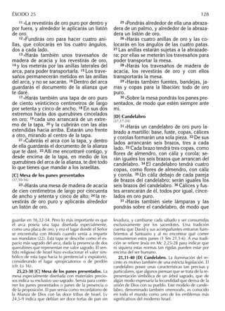 11 »La revestirás de oro puro por dentro y
por fuera, y alrededor le aplicarás un listón
de oro.
12 »Fundirás oro para hacer cuatro ani-
llas, que colocarás en los cuatro ángulos,
dos a cada lado.
13 »Harás también unos travesaños de
madera de acacia y los revestirás de oro,
14 y los meterás por las anillas laterales del
arca, para poder transportarla. 15 Los trave-
saños permanecerán metidos en las anillas
del arca, y no se sacarán. 16 Dentro del arca
guardarás el documento de la alianza que
te daré.
17 »Harás también una tapa de oro puro
de ciento veinticinco centímetros de largo
por setenta y cinco de ancho. 18 En sus dos
extremos harás dos querubines cincelados
en oro: 19 cada uno arrancará de un extre-
mo de la tapa, 20 y la cubrirán con las alas
extendidas hacia arriba. Estarán uno frente
a otro, mirando al centro de la tapa.
21 »Cubrirás el arca con la tapa, y dentro
de ella guardarás el documento de la alianza
que te daré. 22 Allí me encontraré contigo, y
desde encima de la tapa, en medio de los
querubines del arca de la alianza, te diré todo
lo que tienes que mandar a los israelitas.
[C] Mesa de los panes presentados
(37,10-16)
23 »Harás una mesa de madera de acacia
de cien centímetros de largo por cincuenta
de ancho y setenta y cinco de alto; 24 la re-
vestirás de oro puro y aplicarás alrededor
un listón de oro.
25 »Pondrás alrededor de ella una abraza-
dera de un palmo, y alrededor de la abraza-
dera un listón de oro.
26 »Harás cuatro anillas de oro y las co-
locarás en los ángulos de las cuatro patas.
27 Las anillas estarán sujetas a la abrazade-
ra; por ellas se meterán los travesaños para
poder transportar la mesa.
28 »Harás los travesaños de madera de
acacia, los revestirás de oro y con ellos
transportarás la mesa.
29 »Harás también fuentes, bandejas, ja-
rras y copas para la libación: todo de oro
puro.
30 »Sobre la mesa pondrás los panes pre-
sentados, de modo que estén siempre ante
mí.
[D] Candelabro
(37,17-24)
31 »Harás un candelabro de oro puro la-
brado a martillo: base, fuste, copas, cálices
y corolas formarán una sola pieza. 32 De sus
lados arrancarán seis brazos, tres a cada
lado. 33 Cada brazo tendrá tres copas, como
ﬂores de almendro, con cáliz y corola; se-
rán iguales los seis brazos que arrancan del
candelabro. 34 El candelabro tendrá cuatro
copas, como ﬂores de almendro, con cáliz
y corola. 35 Un cáliz debajo de cada pareja
de brazos del candelabro; serán iguales los
seis brazos del candelabro. 36 Cálices y fus-
tes arrancarán de él, todos por igual, cince-
lados en oro puro.
37 »Harás también siete lámparas y las
pondrás sobre el candelabro, de modo que
guardar en 16,32-34. Pero lo más importante es que
el arca poseía una tapa diseñada especialmente,
como una placa de oro, y era el lugar donde el Señor
se encontraba con Moisés cuando venía a impartir
sus mandatos (22). Esta tapa se describe como el es-
pacio más sagrado del arca, dada la presencia de dos
querubines que representan ese valor sagrado. El sen-
tido religioso de Israel hizo evolucionar el valor sim-
bólico de esta tapa hacia lo penitencial y expiatorio,
considerando el lugar «propiciatorio» o de perdón
(cfr. Lv 16).
25,23-30 [C] Mesa de los panes presentados. La
mesa especialmente diseñada con materiales precio-
sos indica su exclusivo uso sagrado. Servía para conte-
ner los panes presentados o panes de la presencia o
de la proposición. El pan servía como recordatorio de
la Alianza de Dios con las doce tribus de Israel. Lv
24,5-9 indica que debían ser doce tortas de pan sin
levadura, y cambiarse cada sábado y ser consumidas
exclusivamente por los sacerdotes. Una tradición
cuenta que David y sus acompañantes entraron ham-
brientos al Santuario y al no encontrar qué comer
consumieron estos panes (1 Sm 21,1-6). A esa tradi-
ción se reﬁere Jesús en Mc 2,25-28 para indicar que
ni siquiera estas normas tan rígidas pueden estar por
encima del ser humano.
25,31-40 [D] Candelabro. La iluminación del re-
cinto es motivo también de una estricta legislación. El
candelabro posee unas características tan precisas y
particulares, que algunos piensan que se trata de la re-
presentación simbólica de un árbol sagrado, que de
algún modo expresaría la fecundidad que deriva de la
unión de Dios con su pueblo. Este modelo de cande-
labro, denominado también «menorah», es conocido
en todo el mundo como uno de los emblemas más
signiﬁcativos del moderno Israel.
ÉXODO 25 128
 