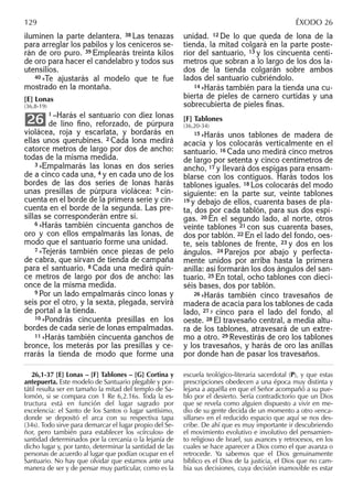 iluminen la parte delantera. 38 Las tenazas
para arreglar los pabilos y los ceniceros se-
rán de oro puro. 39 Emplearás treinta kilos
de oro para hacer el candelabro y todos sus
utensilios.
40 »Te ajustarás al modelo que te fue
mostrado en la montaña.
[E] Lonas
(36,8-19)
1 –Harás el santuario con diez lonas
de lino ﬁno, reforzado, de púrpura
violácea, roja y escarlata, y bordarás en
ellas unos querubines. 2 Cada lona medirá
catorce metros de largo por dos de ancho:
todas de la misma medida.
3 »Empalmarás las lonas en dos series
de a cinco cada una, 4 y en cada uno de los
bordes de las dos series de lonas harás
unas presillas de púrpura violácea: 5 cin-
cuenta en el borde de la primera serie y cin-
cuenta en el borde de la segunda. Las pre-
sillas se corresponderán entre sí.
6 »Harás también cincuenta ganchos de
oro y con ellos empalmarás las lonas, de
modo que el santuario forme una unidad.
7 »Tejerás también once piezas de pelo
de cabra, que sirvan de tienda de campaña
para el santuario. 8 Cada una medirá quin-
ce metros de largo por dos de ancho: las
once de la misma medida.
9 Por un lado empalmarás cinco lonas y
seis por el otro, y la sexta, plegada, servirá
de portal a la tienda.
10 »Pondrás cincuenta presillas en los
bordes de cada serie de lonas empalmadas.
11 »Harás también cincuenta ganchos de
bronce, los meterás por las presillas y ce-
rrarás la tienda de modo que forme una
26
unidad. 12 De lo que queda de lona de la
tienda, la mitad colgará en la parte poste-
rior del santuario, 13 y los cincuenta centí-
metros que sobran a lo largo de los dos la-
dos de la tienda colgarán sobre ambos
lados del santuario cubriéndolo.
14 »Harás también para la tienda una cu-
bierta de pieles de carnero curtidas y una
sobrecubierta de pieles ﬁnas.
[F] Tablones
(36,20-34)
15 »Harás unos tablones de madera de
acacia y los colocarás verticalmente en el
santuario. 16 Cada uno medirá cinco metros
de largo por setenta y cinco centímetros de
ancho, 17 y llevará dos espigas para ensam-
blarse con los contiguos. Harás todos los
tablones iguales. 18 Los colocarás del modo
siguiente: en la parte sur, veinte tablones
19 y debajo de ellos, cuarenta bases de pla-
ta, dos por cada tablón, para sus dos espi-
gas. 20 En el segundo lado, al norte, otros
veinte tablones 21 con sus cuarenta bases,
dos por tablón. 22 En el lado del fondo, oes-
te, seis tablones de frente, 23 y dos en los
ángulos. 24 Parejos por abajo y perfecta-
mente unidos por arriba hasta la primera
anilla: así formarán los dos ángulos del san-
tuario. 25 En total, ocho tablones con dieci-
séis bases, dos por tablón.
26 »Harás también cinco travesaños de
madera de acacia para los tablones de cada
lado, 27 y cinco para el lado del fondo, al
oeste. 28 El travesaño central, a media altu-
ra de los tablones, atravesará de un extre-
mo a otro. 29 Revestirás de oro los tablones
y los travesaños, y harás de oro las anillas
por donde han de pasar los travesaños.
26,1-37 [E] Lonas – [F] Tablones – [G] Cortina y
antepuerta. Este modelo de Santuario plegable y por-
tátil resulta ser en tamaño la mitad del templo de Sa-
lomón, si se compara con 1 Re 6,2.16s. Toda la es-
tructura está en función del lugar sagrado por
excelencia: el Santo de los Santos o lugar santísimo,
donde se depositó el arca con su respectiva tapa
(34s). Todo sirve para demarcar el lugar propio del Se-
ñor, pero también para establecer los «círculos» de
santidad determinados por la cercanía o la lejanía de
dicho lugar y, por tanto, determinar la santidad de las
personas de acuerdo al lugar que podían ocupar en el
Santuario. No hay que olvidar que estamos ante una
manera de ser y de pensar muy particular, como es la
escuela teológico-literaria sacerdotal (P), y que estas
prescripciones obedecen a una época muy distinta y
lejana a aquélla en que el Señor acompañó a su pue-
blo por el desierto. Sería contradictorio que un Dios
que se revela como alguien dispuesto a vivir en me-
dio de su gente decida de un momento a otro «enca-
sillarse» en el reducido espacio que aquí se nos des-
cribe. De ahí que es muy importante ir descubriendo
el movimiento evolutivo e involutivo del pensamien-
to religioso de Israel, sus avances y retrocesos, en los
cuales se hace aparecer a Dios como el que avanza o
retrocede. Ya sabemos que el Dios genuinamente
bíblico es el Dios de la justicia, el Dios que no cam-
bia sus decisiones, cuya decisión inamovible es estar
129 ÉXODO 26
 