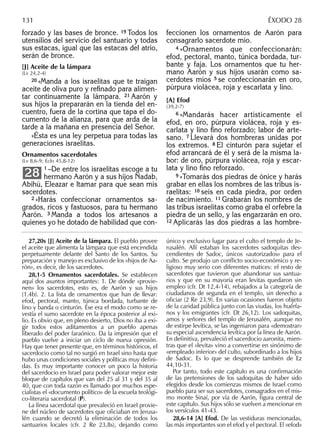 forzado y las bases de bronce. 19 Todos los
utensilios del servicio del santuario y todas
sus estacas, igual que las estacas del atrio,
serán de bronce.
[J] Aceite de la lámpara
(Lv 24,2-4)
20 »Manda a los israelitas que te traigan
aceite de oliva puro y reﬁnado para alimen-
tar continuamente la lámpara. 21 Aarón y
sus hijos la prepararán en la tienda del en-
cuentro, fuera de la cortina que tapa el do-
cumento de la alianza, para que arda de la
tarde a la mañana en presencia del Señor.
»Ésta es una ley perpetua para todas las
generaciones israelitas.
Ornamentos sacerdotales
(Lv 8,6-9; Eclo 45,8-12)
1 –De entre los israelitas escoge a tu
hermano Aarón y a sus hijos Nadab,
Abihú, Eleazar e Itamar para que sean mis
sacerdotes.
2 »Harás confeccionar ornamentos sa-
grados, ricos y fastuosos, para tu hermano
Aarón. 3 Manda a todos los artesanos a
quienes yo he dotado de habilidad que con-
28
feccionen los ornamentos de Aarón para
consagrarlo sacerdote mío.
4 »Ornamentos que confeccionarán:
efod, pectoral, manto, túnica bordada, tur-
bante y faja. Los ornamentos que tu her-
mano Aarón y sus hijos usarán como sa-
cerdotes míos 5 se confeccionarán en oro,
púrpura violácea, roja y escarlata y lino.
[A] Efod
(39,2-7)
6 »Mandarás hacer artísticamente el
efod, en oro, púrpura violácea, roja y es-
carlata y lino ﬁno reforzado; labor de arte-
sano. 7 Llevará dos hombreras unidas por
los extremos. 8 El cinturón para sujetar el
efod arrancará de él y será de la misma la-
bor: de oro, púrpura violácea, roja y escar-
lata y lino ﬁno reforzado.
9 »Tomarás dos piedras de ónice y harás
grabar en ellas los nombres de las tribus is-
raelitas: 10 seis en cada piedra, por orden
de nacimiento. 11 Grabarán los nombres de
las tribus israelitas como graba el orfebre la
piedra de un sello, y las engarzarán en oro.
12 Aplicarás las dos piedras a las hombre-
27,20s [J] Aceite de la lámpara. El pueblo provee
el aceite que alimenta la lámpara que está encendida
perpetuamente delante del Santo de los Santos. Su
preparación y manejo es exclusivo de los «hijos de Aa-
rón», es decir, de los sacerdotes.
28,1-5 Ornamentos sacerdotales. Se establecen
aquí dos asuntos importantes: 1. De dónde «provie-
nen» los sacerdotes, esto es, de Aarón y sus hijos
(1.4b). 2. La lista de ornamentos que han de llevar:
efod, pectoral, manto, túnica bordada, turbante de
lino y banda o cinturón. Ése era el modo como se re-
vestía el sumo sacerdote en la época posterior al exi-
lio. Es obvio que, en pleno desierto, Dios no iba a exi-
gir todos estos aditamentos a un pueblo apenas
liberado del poder faraónico. Da la impresión que el
pueblo vuelve a iniciar un ciclo de nueva opresión.
Hay que tener presente que, en términos históricos, el
sacerdocio como tal no surgió en Israel sino hasta que
hubo unas condiciones sociales y políticas muy deﬁni-
das. Es muy importante conocer un poco la historia
del sacerdocio en Israel para poder valorar mejor este
bloque de capítulos que van del 25 al 31 y del 35 al
40, que con toda razón es llamado por muchos espe-
cialistas el «documento político» de la escuela teológi-
co-literaria sacerdotal (P).
La línea sacerdotal que prevaleció en Israel provie-
ne del núcleo de sacerdotes que oﬁciaban en Jerusa-
lén cuando se decretó la eliminación de todos los
santuarios locales (cfr. 2 Re 23,8s), dejando como
único y exclusivo lugar para el culto el templo de Je-
rusalén. Allí estaban los sacerdotes sadoquitas des-
cendientes de Sadoc, únicos «autorizados» para el
culto. Se produjo un conﬂicto socio-económico y re-
ligioso muy serio con diferentes matices: el resto de
sacerdotes que tuvieron que abandonar sus santua-
rios y que en su mayoría eran levitas quedaron sin
empleo (cfr. Dt 12,4-14), rebajados a la categoría de
ciudadanos de segunda en el templo, sin derecho a
oﬁciar (2 Re 23,9). En varias ocasiones fueron objeto
de la caridad pública junto con las viudas, los huérfa-
nos y los emigrantes (cfr. Dt 26,12). Los sadoquitas,
amos y señores del templo de Jerusalén, aunque no
de estirpe levítica, se las ingeniaron para «demostrar»
su especial ascendencia levítica por la línea de Aarón.
En deﬁnitiva, prevaleció el sacerdocio aaronita, mien-
tras que el «levita» vino a convertirse en sinónimo de
«empleado inferior» del culto, subordinado a los hijos
de Sadoc. Es lo que se desprende también de Ez
44,10-31.
Por tanto, todo este capítulo es una conﬁrmación
de las pretensiones de los sadoquitas de haber sido
elegidos desde los comienzas mismos de Israel como
pueblo para ser sus sacerdotes, consagrados en el mis-
mo monte Sinaí, por vía de Aarón, ﬁgura central de
este capítulo. Sus hijos sólo se vuelven a mencionar en
los versículos 41-43.
28,6-14 [A] Efod. De las vestiduras mencionadas,
las más importantes son el efod y el pectoral. El «efod»
131 ÉXODO 28
 