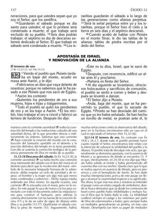 neraciones, para que ustedes sepan que yo
soy el Señor, que los santiﬁca.
14 Guardarán el sábado porque es día
santo para ustedes; el que lo profane será
condenado a muerte; el que trabaje será
excluido de su pueblo. 15 Seis días podrán
trabajar; el séptimo es día de descanso so-
lemne dedicado al Señor. El que trabaje en
sábado será condenado a muerte. 16 Los is-
raelitas guardarán el sábado a lo largo de
las generaciones como alianza perpetua.
17 Será la señal perpetua entre yo y los is-
raelitas, porque el Señor hizo el cielo y la
tierra en seis días y el séptimo descansó.
18 Cuando acabó de hablar con Moisés
en el monte Sinaí, le dio las tablas de la
alianza: tablas de piedra escritas por el
dedo del Señor.
manera como la corriente sacerdotal (P) rodea la cons-
trucción del templo y las instituciones cultuales de una
autoridad divina, de la que proceden directa o indi-
rectamente las órdenes. Sabemos que esta corriente
(P) hace coincidir la creación del mundo con la cons-
trucción del Santuario «portátil» en el desierto y la
erección deﬁnitiva del templo en la tierra prometida.
Con ello se sustenta la convicción teológica de la pre-
sencia permanente de Dios en medio de su pueblo.
31,12-18 Descanso del sábado. En Éx 16,23-30, la
corriente sacerdotal (P) ya había hecho una conexión
muy interesante del sábado con el don del maná en el
desierto para decir que la recolección del maná –sím-
bolo de la necesaria búsqueda humana de la subsis-
tencia– debía respetar un ciclo de actividad y de re-
poso –el hombre y la mujer son algo más que meros
entes condenados a sobrevivir–. Dicho reposo estaba
ordenado por Dios mismo. En aquella ocasión, esta
corriente (P) lo encuadra con el maná, pero no lo ex-
plica. En este pasaje lo saca de nuevo a la luz para co-
nectarlo con todo el documento sobre las estipulacio-
nes para construir el Santuario, pero además lo
conecta directamente con las faenas de la creación di-
vina (17) y le da un valor de signo de Alianza entre
Dios y su pueblo (13.17). Quebrantar el sábado con-
lleva la pena de muerte (15). Seguramente, habría
muchas infracciones contra la observancia del sábado,
pero en la Escritura encontramos sólo un caso en el
cual es ejecutado el infractor (Nm 15,32-36).
32,1-14 El ternero de oro. En contraste con Éx
19,8 y 24,3.7, donde todo el pueblo promete hacer
cuanto mande el Señor, encontramos este relato con
la intención de subrayar la inﬁdelidad del pueblo a la
Alianza. El pueblo trata de disculpar este acto, que ge-
neralmente se denomina apostasía, con la ausencia de
Moisés y su ignorancia de dónde se encuentra (1). Y
es que, efectivamente, en 24,18 se nos dijo que Moi-
sés había subido al monte y había permanecido allí
cuarenta días con sus noches. Queda claro que lo que
se realiza aquí es en ausencia de Moisés, pero en pre-
sencia y con el beneplácito de Aarón. Se han dado
muchas interpretaciones acerca de este pasaje sin lle-
gar a alcanzar la unanimidad respecto a su signiﬁcado.
Por ahora, lo que más nos sirve a nosotros es entender
el pasaje como un relato cargado de simbolismo, don-
de se busca demostrar que ya desde los comienzos de
Israel como pueblo hubo inﬁdelidades y rechazo ha-
cia el Dios que le había dado la vida. La inﬁdelidad
conllevó siempre el castigo y los «intentos» por parte
de Dios de exterminarlos a todos; pero siempre hubo
un mediador, generalmente un profeta, en este caso
Moisés. Desempeña tan bien su papel de mediador
137 ÉXODO 32
APOSTASÍA DE ISRAEL
Y RENOVACIÓN DE LA ALIANZA
–Éste es tu dios, Israel, que te sacó de
Egipto.
5 Después, con reverencia, ediﬁcó un al-
tar ante él y proclamó:
–Mañana es ﬁesta del Señor.
6 Al día siguiente se levantaron, ofrecie-
ron holocaustos y sacriﬁcios de comunión,
el pueblo se sentó a comer y beber y des-
pués se levantó a danzar.
7 El Señor dijo a Moisés:
–Anda, baja del monte, que se ha per-
vertido tu pueblo, el que tú sacaste de
Egipto. 8 Pronto se han desviado del cami-
no que yo les había señalado. Se han hecho
un novillo de metal, se postran ante él, le
El ternero de oro
(1 Re 12,25-33; Sal 106,19-23)
1 Viendo el pueblo que Moisés tarda-
ba en bajar del monte, acudió en
masa ante Aarón, y le dijo:
–Fabrícanos un dios que vaya delante de
nosotros; porque no sabemos qué le ha pa-
sado a ese Moisés que nos sacó de Egipto.
2 Aarón les contestó:
–Quítenles los pendientes de oro a sus
mujeres, hijos e hijas y tráiganmelos.
3 Todo el pueblo se quitó los pendientes
de oro y se los trajo a Aarón. 4 Él los reci-
bió, hizo trabajar el oro a cincel y fabricó un
ternero de fundición. Después les dijo:
32
 