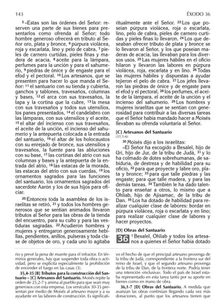5 –Éstas son las órdenes del Señor: re-
serven una parte de sus bienes para pre-
sentarlos como ofrenda al Señor; todo
hombre generoso ofrecerá en tributo al Se-
ñor oro, plata y bronce, 6 púrpura violácea,
roja y escarlata, lino y pelo de cabra, 7 pie-
les de carnero curtidas, pieles ﬁnas y ma-
dera de acacia, 8 aceite para la lámpara,
perfumes para la unción y para el sahume-
rio, 9 piedras de ónice y de engaste para el
efod y el pectoral. 10 Los artesanos, que se
presenten para hacer lo que manda el Se-
ñor: 11 el santuario con su tienda y cubierta,
ganchos y tablones, travesaños, columnas
y bases, 12 el arca con sus travesaños, la
tapa y la cortina que la cubre, 13 la mesa
con sus travesaños y todos sus utensilios,
los panes presentados, 14 el candelabro con
las lámparas, con sus utensilios y el aceite,
15 el altar del incienso con sus travesaños,
el aceite de la unción, el incienso del sahu-
merio y la antepuerta colocada a la entrada
del santuario, 16 el altar de los holocaustos
con su enrejado de bronce, sus utensilios y
travesaños, la fuente para las abluciones
con su base, 17 las cortinas del atrio con sus
columnas y bases y la antepuerta de la en-
trada del atrio, 18 las estacas de la morada,
las estacas del atrio con sus cuerdas, 19 los
ornamentos sagrados para las funciones
del santuario, los ornamentos sagrados del
sacerdote Aarón y los de sus hijos para oﬁ-
ciar.
20 Entonces toda la asamblea de los is-
raelitas se retiró, 21 y todos los hombres ge-
nerosos que se sentían animados llevaron
tributos al Señor para las obras de la tienda
del encuentro, para su culto y para las ves-
tiduras sagradas. 22 Acudieron hombres y
mujeres y entregaron generosamente hebi-
llas, pendientes, anillos, pulseras y toda cla-
se de objetos de oro, y cada uno lo agitaba
ritualmente ante el Señor. 23 Los que po-
seían púrpura violácea, roja o escarlata,
lino, pelo de cabra, pieles de carnero curti-
das y pieles ﬁnas lo llevaron. 24 Los que de-
seaban ofrecer tributo de plata y bronce se
lo llevaron al Señor, y los que poseían ma-
deras de acacia, las llevaban para los diver-
sos usos. 25 Las mujeres hábiles en el oﬁcio
hilaron y llevaron las labores en púrpura
violácea, roja, escarlata y en lino. 26 Todas
las mujeres hábiles y dispuestas a ayudar
tejieron el pelo de cabra. 27 Los jefes lleva-
ron las piedras de ónice y de engaste para
el efod y el pectoral, 28 los perfumes, el acei-
te de la lámpara, el aceite de la unción y el
incienso del sahumerio. 29 Los hombres y
mujeres israelitas que se sentían con gene-
rosidad para contribuir a las diversas tareas
que el Señor había mandado hacer a Moisés
llevaban su ofrenda voluntaria al Señor.
[C] Artesanos del Santuario
(31,1-6)
30 Moisés dijo a los israelitas:
–El Señor ha escogido a Besalel, hijo de
Urí, hijo de Jur, de la tribu de Judá, 31 y lo
ha colmado de dotes sobrehumanas, de sa-
biduría, de destreza y de habilidad para su
oﬁcio, 32 para que proyecte y labre oro, pla-
ta y bronce; 33 para que talle piedras y las
engaste; para que talle madera, y para las
demás tareas. 34 También le ha dado talen-
to para enseñar a otros, lo mismo que a
Ohliab, hijo de Ajisamac, de la tribu de
Dan. 35 Los ha dotado de habilidad para re-
alizar cualquier clase de labores: bordar en
púrpura violácea, roja o escarlata y en lino;
para realizar cualquier clase de labores y
hacer proyectos.
[D] Obras del Santuario
1 Besalel, Ohliab y todos los artesa-
nos a quienes el Señor había dotado36
rio y prevé la pena de muerte para el infractor. En tér-
minos generales, hay que suspender toda obra o acti-
vidad, pero se explicita especialmente la prohibición
de encender el fuego en las casas (3).
35,4-35 [B] Tributos para la construcción del San-
tuario – [C] Artesanos del Santuario. Moisés repite la
orden de 25,2-7 y anima al pueblo para que sean muy
generosos con esta empresa. Los versículos 30-35 pre-
sentan por medio de Moisés al artesano mayor y a su
ayudante en las labores de construcción. Es signiﬁcati-
vo el hecho de que el principal artesano provenga de
la tribu de Judá, correspondiente a la frontera sur del
reino de Israel, y que el segundo artesano provenga
de la tribu de Dan, de la frontera norte. Podría tener
una intención «inclusiva». Todo el país de Israel esta-
ba representado en esta tarea tanto por su aporte en
bienes como en mano de obra.
36,1-7 [D] Obras del Santuario. A medida que
avanzan las obras continúan llegando cada vez más
donaciones, al punto que los artesanos tienen que
143 ÉXODO 36
 