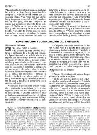 34 La cubierta de pieles de carnero curtidas,
la cubierta de pieles ﬁnas y la cortina de la
antepuerta. 35 El arca de la alianza con tra-
vesaños y tapa. 36 La mesa con sus utensi-
lios y los panes presentados. 37 El candela-
bro de oro puro, con sus lámparas en
orden, sus utensilios y el aceite de las lám-
paras. 38 El altar de oro y el aceite de la un-
ción y del sahumerio y la antepuerta de la
tienda. 39 El altar de bronce con su rejilla,
travesaños y demás utensilios; la fuente
con su base. 40 Las cortinas del atrio con
columnas y bases; la antepuerta de la en-
trada del atrio con cuerdas, estacas y de-
más utensilios del servicio del santuario de
la tienda del encuentro. 41 Los ornamentos
sagrados para oﬁciar en el santuario, los or-
namentos que el sacerdote Aarón y sus hi-
jos usaban para oﬁciar.
42 Los israelitas hicieron todos los traba-
jos ajustándose a lo que el Señor había or-
denado a Moisés. 43 Moisés examinó toda la
labor, comprobó que se ajustaban a lo or-
denado por el Señor, y les dio la bendición.
40,1-33 [A] Mandato del Señor – [B] Ejecución de
las órdenes. Si bien la construcción del Santuario y
todos sus aditamentos ha estado en manos de artesa-
nos especialmente dotados de habilidades para ello,
el montaje o ensamblaje y la consagración de cada
objeto y de los sacerdotes para el culto corresponde
exclusivamente a Moisés. Todo es muy importante
para la escuela sacerdotal, desde la ﬁjación del mo-
mento exacto en que debe realizarse la construcción
y su consagración (2.17), hasta la veriﬁcación del
cumplimiento de lo que fue mandado. La fórmula
«todo fue hecho ajustándose a lo que el Señor había
mandado» se repite con ligeras variaciones ocho veces
en este pasaje. También es muy importante para el au-
tor de este documento resaltar una vez más el privile-
gio de los aaronitas (13-15).
En la mentalidad teológica sacerdotal (P) hay una
preocupación especíﬁca: Israel es el lugar de la pre-
sencia divina, y como tal ha de ser un lugar dispues-
to convenientemente para que esa presencia esté
siempre ahí, para que no vuelva a correr el riesgo de
ser desplazada por potencias extranjeras. Recorde-
mos que esta construcción con todos sus detalles es
una elaboración ideal, probablemente del tiempo del
ÉXODO 39 148
CONSTRUCCIÓN Y CONSAGRACIÓN DEL SANTUARIO
[A] Mandato del Señor
1 El Señor habló a Moisés:
2 –El día uno del mes primero insta-
larás el santuario de la tienda del encuen-
tro: 3 pondrás en él el arca de la alianza y la
taparás con la cortina; 4 meterás la mesa y
colocarás en ella los panes; meterás el can-
delabro y encenderás las lámparas; 5 pon-
drás el altar de oro del incienso delante del
arca de la alianza, y colgarás la antepuerta
del santuario; 6 colocarás el altar de los ho-
locaustos delante de la puerta del santuario
de la tienda del encuentro; 7 pondrás la
fuente entre la tienda del encuentro y el al-
tar, y le echarás agua; 8 alrededor levanta-
rás el atrio y pondrás la antepuerta de la
entrada del atrio.
9 »Tomarás el aceite de la unción y ungi-
rás el santuario y cuanto hay en él: lo con-
sagrarás con todos sus utensilios y queda-
rá consagrado. 10 Ungirás también el altar
de los holocaustos con todos sus utensilios,
lo consagrarás y será sacrosanto. 11 Ungi-
rás también la fuente con su base y las con-
sagrarás.
40
12 »Después mandarás acercarse a Aa-
rón y a sus hijos a la puerta de la tienda del
encuentro y los harás bañarse. 13 Vestirás a
Aarón con los ornamentos sagrados, lo un-
girás y lo consagrarás como sacerdote mío.
14 Después mandarás acercarse a sus hijos,
y les vestirás la túnica; 15 los ungirás como
ungiste a su padre, para que sean mis sa-
cerdotes. La unción les conferirá el sacer-
docio perpetuo en todas sus generaciones.
[B] Ejecución de las órdenes
(1 Re 7)
16 Moisés hizo todo ajustándose a lo que
el Señor le había mandado.
17 El día uno del mes primero del segun-
do año fue instalado el santuario. 18 Moisés
instaló el santuario, colocó las bases, puso
los tablones con sus travesaños y plantó las
columnas; 19 montó la tienda de campaña
sobre el santuario y puso la cubierta sobre
la tienda, como el Señor se lo había orde-
nado a Moisés. 20 Colocó el documento de
la alianza en el arca, sujetó al arca los tra-
vesaños y la cubrió con la tapa. 21 Después
la metió en el santuario y colocó la cortina
 