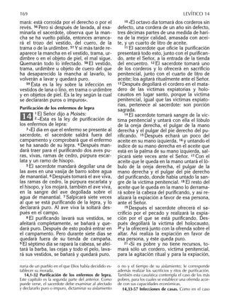 mará: está corroída por el derecho o por el
revés. 56 Pero si después de lavada, al exa-
minarla el sacerdote, observa que la man-
cha se ha vuelto pálida, entonces arranca-
rá el trozo del vestido, del cuero, de la
trama o de la urdimbre. 57 Y si más tarde re-
aparece la mancha en el vestido, trama, ur-
dimbre o en el objeto de piel, el mal sigue.
Quemarán todo lo infectado. 58 El vestido,
trama, urdimbre u objeto de cuero del que
ha desaparecido la mancha al lavarlo, lo
volverán a lavar y quedará puro.
59 Ésta es la ley sobre la infección en
vestidos de lana o lino, en trama o urdimbre
y en objetos de piel. Es la ley según la cual
se declararán puros o impuros».
Puriﬁcación de los enfermos de lepra
1 El Señor dijo a Moisés:
2 –Ésta es la ley de puriﬁcación de
los enfermos de lepra:
3 »El día en que el enfermo se presente al
sacerdote, el sacerdote saldrá fuera del
campamento y comprobará que el enfermo
se ha sanado de su lepra. 4 Después man-
dará traer para el puriﬁcando dos aves pu-
ras, vivas, ramas de cedro, púrpura escar-
lata y un ramo de hisopo.
5 El sacerdote mandará degollar una de
las aves en una vasija de barro sobre agua
de manantial. 6 Después tomará el ave viva,
las ramas de cedro, la púrpura escarlata y
el hisopo, y los mojará, también el ave viva,
en la sangre del ave degollada sobre el
agua de manantial. 7 Salpicará siete veces
al que se está puriﬁcando de la lepra, y lo
declarará puro. Al ave viva la soltará des-
pués en el campo.
8 El puriﬁcando lavará sus vestidos, se
afeitará completamente, se bañará y que-
dará puro. Después de esto podrá entrar en
el campamento. Pero durante siete días se
quedará fuera de su tienda de campaña.
9 El séptimo día se rapará la cabeza, se afei-
tará la barba, las cejas y todo el pelo, lava-
rá sus vestidos, se bañará y quedará puro.
14
10 »El octavo día tomará dos corderos sin
defecto, una cordera de un año sin defecto,
tres décimas partes de una medida de hari-
na de la mejor calidad, amasada con acei-
te, y un cuarto de litro de aceite.
11 El sacerdote que oﬁcie la puriﬁcación
presentará todo esto, junto con el puriﬁcan-
do, ante el Señor, a la entrada de la tienda
del encuentro. 12 El sacerdote tomará uno
de los corderos y lo ofrecerá en sacriﬁcio
penitencial, junto con el cuarto de litro de
aceite; los agitará ritualmente ante el Señor.
13 Después degollará el cordero en el mata-
dero de las víctimas expiatorias y holo-
caustos en lugar santo, porque la víctima
penitencial, igual que las víctimas expiato-
rias, pertenece al sacerdote: son porción
sagrada.
14 El sacerdote tomará sangre de la víc-
tima penitencial y untará con ella el lóbulo
de la oreja derecha, el pulgar de la mano
derecha y el pulgar del pie derecho del pu-
riﬁcando. 15 Después echará un poco del
aceite en su mano izquierda, 16 y untando el
índice de su mano derecha en el aceite que
está en la palma de su mano izquierda, sal-
picará siete veces ante el Señor. 17 Con el
aceite que le queda en la mano untará el ló-
bulo de la oreja derecha, el pulgar de la
mano derecha y el pulgar del pie derecho
del puriﬁcando, donde había untado la san-
gre de la víctima penitencial. 18 El resto del
aceite que le queda en la mano lo derrama-
rá sobre la cabeza del puriﬁcando, y así re-
alizará la expiación a favor de esa persona,
ante el Señor.
19 Después el sacerdote ofrecerá el sa-
criﬁcio por el pecado y realizará la expia-
ción por el que se está puriﬁcando. Des-
pués degollará la víctima del holocausto,
20 y la ofrecerá junto con la ofrenda sobre el
altar. Así realiza la expiación en favor de
esa persona, y éste queda puro.
21 »Si es pobre y no tiene recursos, to-
mará sólo un cordero, víctima penitencial,
para la agitación ritual y para la expiación,
naria de un pueblo en el que Dios había decidido es-
tablecer su morada.
14,1-32 Puriﬁcación de los enfermos de lepra.
Este capítulo es la segunda parte del anterior. Como
puede verse, el sacerdote debe examinar al afectado
y declararlo puro o impuro, dictaminar su aislamiento
o no y el tiempo de su aislamiento; le corresponde
además realizar los sacriﬁcios y ritos de puriﬁcación.
También esta casuística contempla el caso de los más
pobres, para los cuales se establece una ofrenda acor-
de con sus capacidades económicas.
14,33-57 Infecciones de casas. Como en el caso
169 LEVÍTICO 14
 
