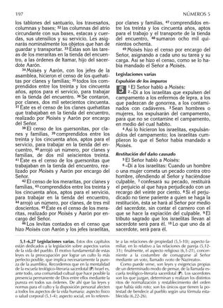 los tablones del santuario, los travesaños,
columnas y bases; 32 las columnas del atrio
circundante con sus bases, estacas y cuer-
das, sus utensilios y su servicio. Les asig-
narás nominalmente los objetos que han de
guardar y transportar. 33 Éstas son las tare-
as de los meraritas en la tienda del encuen-
tro, a las órdenes de Itamar, hijo del sacer-
dote Aarón.
34 Moisés y Aarón, con los jefes de la
asamblea, hicieron el censo de los quehati-
tas por clanes y familias; 35 todos los com-
prendidos entre los treinta y los cincuenta
años, aptos para el servicio, para trabajar
en la tienda del encuentro. 36 Se contaron,
por clanes, dos mil setecientos cincuenta.
37 Éste es el censo de los clanes quehatitas
que trabajaban en la tienda del encuentro,
realizado por Moisés y Aarón por encargo
del Señor.
38 El censo de los guersonitas, por cla-
nes y familias, 39 comprendidos entre los
treinta y los cincuenta años, aptos para el
servicio, para trabajar en la tienda del en-
cuentro, 40 arrojó un número, por clanes y
familias, de dos mil seiscientos treinta.
41 Éste es el censo de los guersonitas que
trabajaban en la tienda del encuentro, rea-
lizado por Moisés y Aarón por encargo del
Señor.
42 El censo de los meraritas, por clanes y
familias, 43 comprendidos entre los treinta y
los cincuenta años, aptos para el servicio,
para trabajar en la tienda del encuentro,
44 arrojó un número, por clanes, de tres mil
doscientos. 45 Éste es el censo de los mera-
ritas, realizado por Moisés y Aarón por en-
cargo del Señor.
46 Los levitas contados en el censo que
hizo Moisés con Aarón y los jefes israelitas,
por clanes y familias, 47 comprendidos en-
tre los treinta y los cincuenta años, aptos
para el trabajo y el transporte de la tienda
del encuentro, 48 sumaron ocho mil qui-
nientos ochenta.
49 Moisés hizo el censo por encargo del
Señor, asignando a cada uno su tarea y su
carga. Así se hizo el censo, como se lo ha-
bía mandado el Señor a Moisés.
Legislaciones varias
Expulsión de los impuros
1 El Señor habló a Moisés:
2 –Di a los israelitas que expulsen del
campamento a los enfermos de lepra, a los
que padezcan de gonorrea, a los contami-
nados con cadáveres. 3 Sean hombres o
mujeres, los expulsarán del campamento,
para que no se contamine el campamento,
en medio del cual habito.
4 Así lo hicieron los israelitas, expulsán-
dolos del campamento; los israelitas cum-
plieron lo que el Señor había mandado a
Moisés.
Restitución del daño causado
5 El Señor habló a Moisés:
6 –Di a los israelitas: Cuando un hombre
o una mujer cometa un pecado contra otro
hombre, ofendiendo al Señor y haciéndose
culpable, 7 confesará su pecado, restituirá
el perjuicio al que haya perjudicado con un
recargo del veinte por ciento. 8 Si el perju-
dicado no tiene pariente a quien se haga la
restitución, ésta se hará al Señor por medio
del sacerdote, sin contar el carnero con el
que se hace la expiación del culpable. 9 El
tributo sagrado que los israelitas llevan al
sacerdote será para él. 10 Lo que uno da al
sacerdote, será para él.
5
5,1–6,27 Legislaciones varias. Estos dos capítulos
están dedicados a la legislación sobre aspectos varios
de la vida del pueblo. El motivo fundamental de estas
leyes es la preocupación por lograr un culto lo más
perfecto posible, que implica necesariamente la pure-
za de la asamblea. Recordemos que en la mentalidad
de la escuela teológico-literaria sacerdotal (P) Israel es,
ante todo, una comunidad cultual que hace posible la
presencia permanente de Dios entre ellos mediante la
pureza en todos sus órdenes. De ahí que las leyes y
normas para el culto y la disposición personal afecten
a todos los aspectos de la vida humana: aspecto físico
o salud corporal (5,1-4); aspecto social, en lo referen-
te a las relaciones de propiedad (5,5-10); aspecto fa-
miliar, en lo relativo a las relaciones de pareja (5,12-
31); ﬁnalmente, el aspecto religioso (6,1-21), concer-
niente a la costumbre de consagrarse al Señor
mediante un voto, llamado «voto de Nazireato».
Como puede verse, son leyes y exigencias propias
de un determinado modo de pensar, de la llamada es-
cuela teológico-literaria sacerdotal (P). Los sacerdotes
son los que juzgan, determinan y realizan los distintos
ritos de normalización y restablecimiento del orden
que había sido roto; son los únicos que tienen la po-
testad de bendecir al pueblo según una fórmula esta-
blecida (6,22-26).
197 NÚMEROS 5
 
