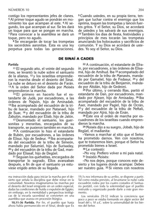 contigo los representantes jefes de clanes.
5 Al primer toque agudo se pondrán en mo-
vimiento los que acampan al este. 6 Al se-
gundo, los que acampan al sur. Se les dará
un toque para que se pongan en marcha.
7 Para convocar a la asamblea se dará un
toque, pero no agudo.
8 Se encargarán de tocar las trompetas
los sacerdotes aaronitas. Ésta es una ley
perpetua para todas las generaciones.
9 Cuando ustedes, en su propia tierra, ten-
gan que luchar contra el enemigo que los
oprima, toquen las trompetas y lancen fuer-
tes gritos. Y el Señor, su Dios, se acordará
de ustedes y los salvará de sus enemigos.
10 También los días de ﬁesta, festividades y
principios de mes tocarán las trompetas
anunciando los holocaustos y sacriﬁcios de
comunión. Y su Dios se acordará de uste-
des. Yo soy el Señor, su Dios.
ma instrucción dada para iniciar la marcha por el de-
sierto que señala la disciplina que debe reinar en la
comunidad. Nosotros imaginaríamos las marchas por
el desierto del Israel emigrante sin un orden especial,
dadas las condiciones de huída o expulsión de Egipto;
sin embargo, en la mentalidad y perspectivas teológi-
cas de la escuela sacerdotal se convierten en una
asamblea que avanza en procesión litúrgica.
10,11-36 Partida. Por fin, el pueblo que hasta
ahora había permanecido en el Sinaí, desde que Éx
19,1s nos informara de su arribo, se dispone a partir.
Tal como estaba previsto, al levantarse la nube cada
escuadrón rodea por los cuatro costados el Santua-
rio portátil, con toda la solemnidad que el pueblo
instruido y organizado puede darle a este gran mo-
mento.
Los versículos 29-32 indican la conciencia que
poco a poco se estaba formando en algún sector del
Israel del s. VI a.C. sobre la universalidad de los bie-
nes del Señor.
NÚMEROS 10 204
DE SINAÍ A CADES
Partida
11 El segundo año, el veinte del segundo
mes, se levantó la nube sobre el santuario
de la alianza, 12 y los israelitas emprendie-
ron la marcha desde el desierto del Sinaí.
La nube se detuvo en el desierto de Farán.
13 A la orden del Señor dada por Moisés
emprendieron la marcha.
14 El primero en hacerlo fue el es-
tandarte de Judá, por escuadrones, a las
órdenes de Najsón, hijo de Aminadab.
15 Iba acompañado del escuadrón de la tri-
bu de Isacar, mandado por Natanael, hijo
de Suar, 16 y del escuadrón de la tribu de
Zabulón, mandado por Eliab, hijo de Jalón.
17 Desmontado el santuario, los guer-
sonitas y meraritas, encargados de su
transporte, se pusieron también en marcha.
18 A continuación lo hizo el estandarte
de Rubén, por escuadrones, a las órdenes
de Elisur, hijo de Sedeur. 19 Iba acompaña-
do del escuadrón de la tribu de Simeón,
mandado por Salumiel, hijo de Surisaday,
20 y del escuadrón de la tribu de Gad, man-
dado por Eliasaf, hijo de Degüel.
21 Seguían los quehatitas, encargados de
transportar lo sagrado. Ellos avanzaban
después, a ﬁn de que el santuario ya estu-
viese erigido antes de su llegada.
22 A continuación, el estandarte de Efra-
ín, por escuadrones, a las órdenes de Elisa-
má, hijo de Amihud. Iba 23 acompañado del
escuadrón de la tribu de Manasés, manda-
do por Gamaliel, hijo de Fedasur, 24 y del
escuadrón de la tribu de Benjamín, manda-
do por Abidán, hijo de Gedeoní.
25 Por último, y cerrando ﬁlas, partió el
estandarte de Dan, por escuadrones, man-
dado por Ajiezer, hijo de Amisaday. 26 Iba
acompañado del escuadrón de la tribu de
Aser, mandado por Pagiel, hijo de Ocrán,
27 y del escuadrón de la tribu de Neftalí,
mandado por Ajirá, hijo de Enán.
28 Éste era el orden de marcha por es-
cuadrones de los israelitas cuando empren-
dieron la marcha.
29 Moisés dijo a su suegro, Jobab, hijo de
Regüel, el madianita:
–Vamos a marchar al sitio que el Señor
ha prometido darnos. Ven con nosotros,
que te trataremos bien, porque el Señor ha
prometido bienes a Israel.
30 Le contestó:
–No voy. Preﬁero volver a mi país natal.
31 Insistió Moisés:
–No nos dejes, porque conoces este de-
sierto y los lugares donde acampar. Debes
ser nuestro guía. 32 Si vienes con nosotros
 
