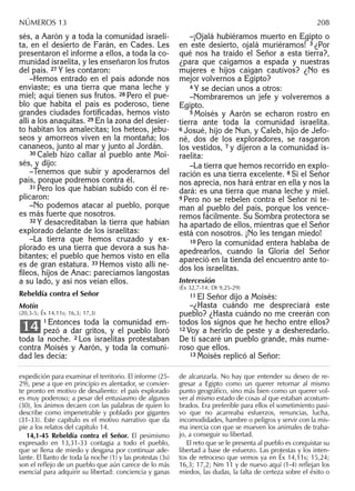 sés, a Aarón y a toda la comunidad israeli-
ta, en el desierto de Farán, en Cades. Les
presentaron el informe a ellos, a toda la co-
munidad israelita, y les enseñaron los frutos
del país. 27 Y les contaron:
–Hemos entrado en el país adonde nos
enviaste; es una tierra que mana leche y
miel; aquí tienen sus frutos. 28 Pero el pue-
blo que habita el país es poderoso, tiene
grandes ciudades fortiﬁcadas, hemos visto
allí a los anaquitas. 29 En la zona del desier-
to habitan los amalecitas; los heteos, jebu-
seos y amorreos viven en la montaña; los
cananeos, junto al mar y junto al Jordán.
30 Caleb hizo callar al pueblo ante Moi-
sés, y dijo:
–Tenemos que subir y apoderarnos del
país, porque podremos contra él.
31 Pero los que habían subido con él re-
plicaron:
–No podemos atacar al pueblo, porque
es más fuerte que nosotros.
32 Y desacreditaban la tierra que habían
explorado delante de los israelitas:
–La tierra que hemos cruzado y ex-
plorado es una tierra que devora a sus ha-
bitantes; el pueblo que hemos visto en ella
es de gran estatura. 33 Hemos visto allí ne-
ﬁleos, hijos de Anac: parecíamos langostas
a su lado, y así nos veían ellos.
Rebeldía contra el Señor
Motín
(20,3-5; Éx 14,11s; 16,3; 17,3)
1 Entonces toda la comunidad em-
pezó a dar gritos, y el pueblo lloró
toda la noche. 2 Los israelitas protestaban
contra Moisés y Aarón, y toda la comuni-
dad les decía:
14
–¡Ojalá hubiéramos muerto en Egipto o
en este desierto, ojalá muriéramos! 3 ¿Por
qué nos ha traído el Señor a esta tierra?,
¿para que caigamos a espada y nuestras
mujeres e hijos caigan cautivos? ¿No es
mejor volvernos a Egipto?
4 Y se decían unos a otros:
–Nombraremos un jefe y volveremos a
Egipto.
5 Moisés y Aarón se echaron rostro en
tierra ante toda la comunidad israelita.
6 Josué, hijo de Nun, y Caleb, hijo de Jefo-
né, dos de los exploradores, se rasgaron
los vestidos, 7 y dijeron a la comunidad is-
raelita:
–La tierra que hemos recorrido en explo-
ración es una tierra excelente. 8 Si el Señor
nos aprecia, nos hará entrar en ella y nos la
dará: es una tierra que mana leche y miel.
9 Pero no se rebelen contra el Señor ni te-
man al pueblo del país, porque los vence-
remos fácilmente. Su Sombra protectora se
ha apartado de ellos, mientras que el Señor
está con nosotros. ¡No les tengan miedo!
10 Pero la comunidad entera hablaba de
apedrearlos, cuando la Gloria del Señor
apareció en la tienda del encuentro ante to-
dos los israelitas.
Intercesión
(Éx 32,7-14; Dt 9,25-29)
11 El Señor dijo a Moisés:
–¿Hasta cuándo me despreciará este
pueblo? ¿Hasta cuándo no me creerán con
todos los signos que he hecho entre ellos?
12 Voy a herirlo de peste y a desheredarlo.
De ti sacaré un pueblo grande, más nume-
roso que ellos.
13 Moisés replicó al Señor:
expedición para examinar el territorio. El informe (25-
29), pese a que en principio es alentador, se convier-
te pronto en motivo de desaliento: el país explorado
es muy poderoso; a pesar del entusiasmo de algunos
(30), los ánimos decaen con las palabras de quien lo
describe como impenetrable y poblado por gigantes
(31-33). Este capítulo es el motivo narrativo que da
pie a los relatos del capítulo 14.
14,1-45 Rebeldía contra el Señor. El pesimismo
expresado en 13,31-33 contagia a todo el pueblo,
que se llena de miedo y desgana por continuar ade-
lante. El llanto de toda la noche (1) y las protestas (3s)
son el reﬂejo de un pueblo que aún carece de lo más
esencial para adquirir su libertad: conciencia y ganas
de alcanzarla. No hay que entender su deseo de re-
gresar a Egipto como un querer retornar al mismo
punto geográﬁco, sino más bien como un querer vol-
ver al mismo estado de cosas al que estaban acostum-
brados. Era preferible para ellos el sometimiento pasi-
vo que no acarreaba esfuerzos, renuncias, lucha,
incomodidades, hambre o peligros y servir con la mis-
ma inercia con que se mueven los animales de traba-
jo, a conseguir su libertad.
El reto que se le presenta al pueblo es conquistar su
libertad a base de esfuerzo. Las protestas y los inten-
tos de retroceso que vemos ya en Éx 14,11s; 15,24;
16,3; 17,2; Nm 11 y de nuevo aquí (1-4) reﬂejan los
miedos, las dudas, la falta de certeza sobre el éxito o
NÚMEROS 13 208
 