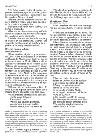 6 El Señor envió contra el pueblo ser-
pientes venenosas, que los mordían, y mu-
rieron muchos israelitas. 7 Entonces el pue-
blo acudió a Moisés, diciendo:
–Hemos pecado hablando contra el Se-
ñor y contra ti; reza al Señor para que apar-
te de nosotros las serpientes.
Moisés rezó al Señor por el pueblo, 8 y el
Señor le respondió:
–Haz una serpiente venenosa y colócala
en un estandarte: los mordidos de serpien-
tes quedarán sanos al mirarla.
9 Moisés hizo una serpiente de bronce y
la colocó en un estandarte. Cuando una
serpiente mordía a uno, él miraba a la ser-
piente de bronce y quedaba sanado.
Diversas etapas y victorias
Itinerario de Israel
10 Los israelitas siguieron y acamparon
en Obot. 11 De allí siguieron y acamparon
en Ruinas de Abarín, en el desierto, que se
extiende al este de Moab. 12 Desde allí si-
guieron y acamparon en el torrente Zared.
13 Desde allí siguieron y acamparon al otro
lado del Arnón, en el desierto, que sale del
territorio de los amorreos porque el Arnón
es frontera entre Moab y los amorreos.
14 Así se dice en el libro de las batallas de
Señor: Waheb en Sufá y los aﬂuentes del
Arnón, 15 la ladera de los torrentes que se
extienden hacia el territorio de Ar y se apo-
yan en territorios de Moab.
16 Desde allí se trasladaron a Beer, El
Pozo. Éste es el pozo donde el Señor dijo a
Moisés: Reúne al pueblo y les daré agua.
17 Los israelitas cantaban esta canción:
¡Brota, agua del pozo!
Cántenle al pozo.
18 Pozo que cavaron príncipes,
que abrieron jefes del pueblo,
con sus cetros, con sus bastones.
19 Desde allí se trasladaron a Mattaná; de
allí a Najaliel; de allí a Bamot. 20 De allí, por
el valle del campo de Moab, hacia la cum-
bre del Fasga, que mira hacia el desierto.
Victoria sobre Sijón
(Dt 2,24-37; Sal 136,19)
21 Los israelitas despacharon mensaje-
ros que dijeran a Sijón, rey de los amorre-
os:
22 –Déjanos atravesar por tu tierra. No
nos desviaremos ni por campo, ni por huer-
to, ni beberemos agua de pozo. Iremos por
el camino real hasta atravesar tu territorio.
23 Pero Sijón no permitió a Israel atrave-
sar su territorio, sino que reunió toda su tro-
pa, salió contra ellos al desierto, y llegado
a Yahaz, atacó a Israel. 24 Israel lo derrotó a
ﬁlo de espada y se apoderó de su territorio,
desde el Arnón al Yaboc y hasta el país de
los amonitas porque Yazer es la frontera
con los amonitas. 25 Israel conquistó todas
sus ciudades y se estableció en todas las
ciudades amorreas, Jesbón y los pueblos
de la comarca. 26 Jesbón era la capital de
Sijón, rey de los amorreos. Él había lucha-
do contra el anterior rey de Moab y le había
arrebatado su tierra desde el Yaboc al Ar-
nón.
27 Por eso canta el romance:
Entren en Jesbón. Que se ediﬁque
y se restaure la capital de Sijón.
28 Fuego ha salido de Jesbón,
llamas de la Villa de Sijón:
ha devorado a Ciudad Moab,
se ha tragado los cerros del Arnón.
29 ¡Ay de ti, Moab!
Estás perdido, pueblo de Camós.
Tus hijos que sobreviven y tus hijas
son cautivos del rey amorreo Sijón.
30 Se quedan sin descendencia
desde Jesbón a Dibón.
diador, y una vez más la vida del pueblo es salvada y
perdonada. Es probable que este relato obedezca a
viejas leyendas de religiosidad popular atribuidas a sus
antepasados en el desierto.
La serpiente elevada en el madero que sana a los
mordidos por las serpientes venenosas con sólo mirar-
la es para el evangelista Juan la preﬁguración de Cris-
to elevado en la cruz que salva a la humanidad (cfr. Jn
3,14; 8,28; 12,32).
21,10-35 Diversas etapas y victorias. Ya a las
puertas de la tierra prometida, Israel ha aprendido
que si quiere mantener su unidad y su identidad
como pueblo no puede menospreciar al Señor. Sólo
con su ayuda puede avanzar por el desierto y sólo con
su asistencia puede derrotar a los enemigos que obs-
taculizan su marcha. Quedan consignadas las victorias
de Israel sobre pueblos hostiles, como los amorreos y
los habitantes de Basán, hasta convertirse en motivo
de recuerdo perpetuo.
El Sal 136 menciona particularmente estos triunfos
de Israel, pero siempre como acciones asistidas por el
mismo Dios.
NÚMEROS 21 218
 
