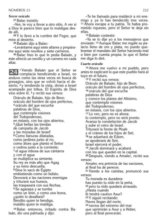 Tercer oráculo
27 Balac insistió:
–Ven, te voy a llevar a otro sitio. A ver si
a Dios le parece bien que lo maldigas des-
de allí.
28 Y lo llevó a la cumbre del Fegor, que
mira al desierto.
29 Balaán dijo a Balac:
–Levántame aquí siete altares y prepára-
me aquí siete novillos y siete carneros.
30 Balac hizo lo que le pedía Balaán, y
éste ofreció un novillo y un carnero en cada
altar.
1 Viendo Balaán que el Señor se
complacía bendiciendo a Israel, no
anduvo como las otras veces en busca de
presagios, sino que se volvió hacia el de-
sierto, 2 y tendiendo la vista, divisó a Israel
acampado por tribus. El Espíritu de Dios
vino sobre él, 3 y recitó sus versos:
Oráculo de Balaán, hijo de Beor;
oráculo del hombre de ojos perfectos,
4 oráculo del que escucha
palabras de Dios,
que contempla visiones
del Todopoderoso,
en éxtasis, con los ojos abiertos.
5 ¡Qué bellas las tiendas
de campaña de Jacob
y las moradas de Israel!
6 Como llanuras dilatadas,
como jardines junto al río,
como áloes que plantó el Señor
o cedros junto a la corriente;
7 el agua rebosa de sus cántaros
y con el agua
se multiplica su simiente.
Su rey es más alto que Agag
y su reino descuella.
8 Dios lo sacó de Egipto
embistiendo como un búfalo.
Devorará a las naciones enemigas
y triturará sus huesos,
las traspasará con sus ﬂechas.
9 Se agazapa y se tumba
como un león, o como una leona,
¿quién lo desaﬁará?
Bendito quien te bendiga,
maldito quien te maldiga.
10 Balac entonces, irritado contra Ba-
laán, dio una palmada y dijo:
24
–Te he llamado para maldecir a mi ene-
migo y ya lo has bendecido tres veces.
11 Ahora escapa a tu patria. Te había pro-
metido riquezas, pero el Señor te deja sin
ellas.
12 Balaán contestó:
–Ya se lo dije yo a los mensajeros que
enviaste: 13 Aunque Balac me regale su pa-
lacio lleno de oro y plata, no puedo que-
brantar el mandato del Señor haciendo mal
o bien por cuenta propia; lo que el Señor
me diga lo diré.
Cuarto oráculo
14 Ahora me vuelvo a mi pueblo, pero
antes te explicaré lo que este pueblo hará al
tuyo en el futuro.
15 Y recitó sus versos:
Oráculo de Balaán, hijo de Beor;
oráculo del hombre de ojos perfectos,
16 oráculo del que escucha
palabras de Dios
y conoce los planes del Altísimo,
que contempla visiones
del Todopoderoso,
en éxtasis, con los ojos abiertos.
17 Lo veo, pero no es ahora;
lo contemplo, pero no será pronto.
Avanza la constelación de Jacob
y sube el cetro de Israel.
Triturará la frente de Moab
y el cráneo de los hijos de Set;
18 se adueñará de Edom,
se apoderará de Seír,
Israel ejercerá el poder,
19 Jacob dominará y acabará
con los que queden en la capital.
20 Después, viendo a Amalec, recitó sus
versos:
Amalec era primicia de las naciones,
al ﬁnal ha de perecer.
21 Viendo a los cainitas, pronunció sus
versos:
Tu morada es duradera:
has puesto tu nido en la peña,
22 pero tu nido quedará arrasado.
¿Hasta cuando
te tendrá cautivo Asur?
23 Y siguió recitando:
Naves llegan del norte,
24 navíos del extremo del mar
que oprimirán a Asur y a Heber,
pero al ﬁnal perecerán.
NÚMEROS 23 222
 