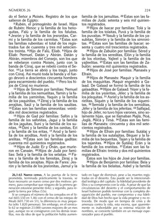 do el Señor a Moisés. Registro de los que
salieron de Egipto:
5 Rubén, el primogénito de Israel. Hijos
de Rubén: Henoc y la familia de los heno-
quitas, Falú y la familia de los faluitas.
6 Jesrón y la familia de los jesronitas, Car-
mí y la familia de los carmitas. 7 Éstas son
las familias rubenitas: el total de los regis-
trados fue de cuarenta y tres mil setecien-
tos treinta. 8 Hijo de Falú, Eliab. 9 Hijos de
Eliab: Nemuel, Datán y Abirán. Datán y
Abirán, miembros del Consejo, son los que
se rebelaron contra Moisés, junto con la
banda de Córaj, que se rebeló contra el Se-
ñor. 10 La tierra se abrió y los tragó, junto
con Córaj. Así murió toda la banda y el fue-
go devoró a doscientos cincuenta hombres
para escarmiento del pueblo. 11 Pero los hi-
jos de Córaj no murieron.
12 Hijos de Simeón por familias: Nemuel
y la familia de los nemuelitas, Yamín y la fa-
milia de los yaminitas, Yaquín y la familia
de los yaquinitas, 13 Zéraj y la familia de los
zerajitas, Saúl y la familia de los saulitas.
14 Éstas son las familias simeonitas: veinti-
dós mil doscientos registrados.
15 Hijos de Gad por familias: Safón y la
familia de los safonitas, Jaguí y la familia
de los jaguitas, Suní y la familia de los su-
nitas, 16 Ozní y la familia de los oznitas, Erí
y la familia de los eritas, 17 Arod y la fami-
lia de los aroditas, Arelí y la familia de los
arelitas. 18 Éstas son las familias gaditas:
cuarenta mil quinientos registrados.
19 Hijos de Judá: Er y Onán, que murie-
ron en Canaán. 20 Hijos de Judá por fami-
lias: Selá y la familia de los selaítas. 21 Fa-
res y la familia de los faresitas, Zéraj y la
familia de los zerajitas. Hijos de Fares: Jes-
rón y la familia de los jesronitas, Jamul y la
familia de los jamulitas. 22 Éstas son las fa-
milias de Judá: setenta y seis mil quinien-
tos registrados.
23 Hijos de Isacar por familias: Tolá y la
familia de los tolaítas, Puvá y la familia de
los puvaítas. 24 Yasub y la familia de los ya-
subitas, Simrón y la familia de los simroni-
tas. 25 Éstas son las familias de Isacar: se-
senta y cuatro mil trescientos registrados.
26 Hijos de Zabulón por familias: Séred y
la familia de los sereditas, Elón y la familia
de los elonitas, Yajleel y la familia de los
yajleelitas. 27 Éstas son las familias de Za-
bulón: sesenta mil quinientos registrados.
28 Hijos de José por familias: Manasés y
Efraín.
29 Hijos de Manasés: Maquir y la familia
de los maquiritas. Maquir engendró a Ga-
laad. De Galaad se formó la familia de los
galaaditas. 30 Hijos de Galaad: Yézer y la fa-
milia de los yezeritas, Jélec y la familia de
los jelequitas. 31 Asriel y la familia de los as-
rielitas, Siquén y la familia de los siqueni-
tas, 32 Semidá y la familia de los semiditas,
Jéfer y la familia de los jeferitas; 33 Salfajad,
hijo de Jéfer, no tuvo hijos varones, sino so-
lamente hijas, que se llamaban Majlá, Noá,
Joglá, Milcá y Tirsá. 34 Éstas son las fami-
lias de Manasés: cincuenta y dos mil sete-
cientos registrados.
35 Hijos de Efraín por familias: Sutálaj y
la familia de los sutalajitas, Béquer y la fa-
milia de los bequeritas, Tajan y la familia de
los tajanitas. 36 Hijos de Sutálaj: Erán y la
familia de los eranitas. 37 Éstas son las fa-
milias de Efraín: treinta y dos mil quinientos
registrados.
Éstos son los hijos de José por familias.
38 Hijos de Benjamín por familias: Bela y
la familia de los belaítas, Asbel y la familia
26,1-65 Nuevo censo. A las puertas de la tierra
prometida, terminada prácticamente la travesía, se
hace necesario un nuevo censo por dos motivos: pri-
mero, para comprobar que ninguno de la primera ge-
neración estuviese presente (64s); y segundo, para re-
partir la tierra por tribus (53s).
Si se compara el número de los censados en el Si-
naí (603.550 en 1,46) con el censo de las estepas de
Moab (601.730 en 51), la diferencia es muy peque-
ña (sólo 1.820 personas). Sin embargo, en el versícu-
lo 62 se registran 23.000 varones mayores de un mes
que, aunque no se consignaron con los demás israe-
litas, nos da idea de que la población había aumen-
tado en lugar de disminuir, pese a las muertes regis-
tradas en el desierto. Ésta puede ser la intencionali-
dad teológica del capítulo: la ﬁdelidad providente de
Dios y su compromiso con la vida. A pesar de que las
circunstancias del desierto y el comportamiento de
Israel hubieran podido terminar con la completa de-
saparición del pueblo, ese compromiso y esa ﬁdeli-
dad de Dios han hecho que la vida progrese y no re-
troceda. De modo que en tiempos de crisis y de
amenaza contra la vida, esta escena, que aparente-
mente es inabordable por su extensa relación de
nombres, se convierte también en un mensaje espe-
ranzador para el pueblo.
NÚMEROS 26 224
 