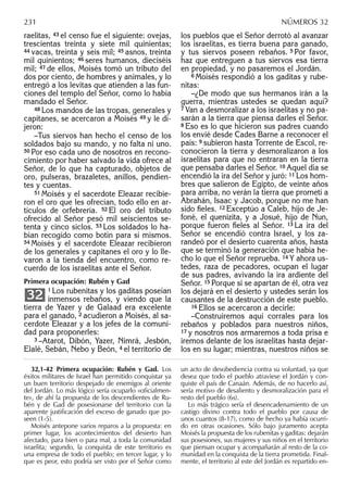 raelitas, 43 el censo fue el siguiente: ovejas,
trescientas treinta y siete mil quinientas;
44 vacas, treinta y seis mil; 45 asnos, treinta
mil quinientos; 46 seres humanos, dieciséis
mil; 47 de ellos, Moisés tomó un tributo del
dos por ciento, de hombres y animales, y lo
entregó a los levitas que atienden a las fun-
ciones del templo del Señor, como lo había
mandado el Señor.
48 Los mandos de las tropas, generales y
capitanes, se acercaron a Moisés 49 y le di-
jeron:
–Tus siervos han hecho el censo de los
soldados bajo su mando, y no falta ni uno.
50 Por eso cada uno de nosotros en recono-
cimiento por haber salvado la vida ofrece al
Señor, de lo que ha capturado, objetos de
oro, pulseras, brazaletes, anillos, pendien-
tes y cuentas.
51 Moisés y el sacerdote Eleazar recibie-
ron el oro que les ofrecían, todo ello en ar-
tículos de orfebrería. 52 El oro del tributo
ofrecido al Señor pesó mil seiscientos se-
tenta y cinco siclos. 53 Los soldados lo ha-
bían recogido como botín para sí mismos.
54 Moisés y el sacerdote Eleazar recibieron
de los generales y capitanes el oro y lo lle-
varon a la tienda del encuentro, como re-
cuerdo de los israelitas ante el Señor.
Primera ocupación: Rubén y Gad
1 Los rubenitas y los gaditas poseían
inmensos rebaños, y viendo que la
tierra de Yazer y de Galaad era excelente
para el ganado, 2 acudieron a Moisés, al sa-
cerdote Eleazar y a los jefes de la comuni-
dad para proponerles:
3 –Atarot, Dibón, Yazer, Nimrá, Jesbón,
Elalé, Sebán, Nebo y Beón, 4 el territorio de
32
los pueblos que el Señor derrotó al avanzar
los israelitas, es tierra buena para ganado,
y tus siervos poseen rebaños. 5 Por favor,
haz que entreguen a tus siervos esa tierra
en propiedad, y no pasaremos el Jordán.
6 Moisés respondió a los gaditas y rube-
nitas:
–¿De modo que sus hermanos irán a la
guerra, mientras ustedes se quedan aquí?
7 Van a desmoralizar a los israelitas y no pa-
sarán a la tierra que piensa darles el Señor.
8 Eso es lo que hicieron sus padres cuando
los envié desde Cades Barne a reconocer el
país: 9 subieron hasta Torrente de Escol, re-
conocieron la tierra y desmoralizaron a los
israelitas para que no entraran en la tierra
que pensaba darles el Señor. 10 Aquel día se
encendió la ira del Señor y juró: 11 Los hom-
bres que salieron de Egipto, de veinte años
para arriba, no verán la tierra que prometí a
Abrahán, Isaac y Jacob, porque no me han
sido ﬁeles. 12 Exceptúo a Caleb, hijo de Je-
foné, el quenizita, y a Josué, hijo de Nun,
porque fueron ﬁeles al Señor. 13 La ira del
Señor se encendió contra Israel, y los za-
randeó por el desierto cuarenta años, hasta
que se terminó la generación que había he-
cho lo que el Señor reprueba. 14 Y ahora us-
tedes, raza de pecadores, ocupan el lugar
de sus padres, avivando la ira ardiente del
Señor. 15 Porque si se apartan de él, otra vez
los dejará en el desierto y ustedes serán los
causantes de la destrucción de este pueblo.
16 Ellos se acercaron a decirle:
–Construiremos aquí corrales para los
rebaños y poblados para nuestros niños,
17 y nosotros nos armaremos a toda prisa e
iremos delante de los israelitas hasta dejar-
los en su lugar; mientras, nuestros niños se
32,1-42 Primera ocupación: Rubén y Gad. Los
éxitos militares de Israel han permitido conquistar ya
un buen territorio despejado de enemigos al oriente
del Jordán. Lo más lógico sería ocuparlo «oﬁcialmen-
te», de ahí la propuesta de los descendientes de Ru-
bén y de Gad de posesionarse del territorio con la
aparente justiﬁcación del exceso de ganado que po-
seen (1-5).
Moisés antepone varios reparos a la propuesta: en
primer lugar, los acontecimientos del desierto han
afectado, para bien o para mal, a toda la comunidad
israelita; segundo, la conquista de este territorio es
una empresa de todo el pueblo; en tercer lugar, y lo
que es peor, esto podría ser visto por el Señor como
un acto de desobediencia contra su voluntad, ya que
desea que todo el pueblo atraviese el Jordán y con-
quiste el país de Canaán. Además, de no hacerlo así,
sería motivo de desaliento y desmoralización para el
resto del pueblo (6s).
Lo más trágico sería el desencadenamiento de un
castigo divino contra todo el pueblo por causa de
unos cuantos (8-17), como de hecho ya había ocurri-
do en otras ocasiones. Sólo bajo juramento acepta
Moisés la propuesta de los rubenitas y gaditas: dejarán
sus posesiones, sus mujeres y sus niños en el territorio
que piensan ocupar y acompañarán al resto de la co-
munidad en la conquista de la tierra prometida. Final-
mente, el territorio al este del Jordán es repartido en-
231 NÚMEROS 32
 