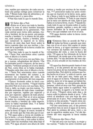 cies, reptiles por especies; de cada una en-
trará una pareja contigo para conservar la
vida. 21 Reúne toda clase de alimentos y al-
macénalos para ti y para ellos.
22 Noé hizo todo lo que le mandó Dios.
1 El Señor dijo a Noé:
–Entra en el arca con toda tu familia,
porque tú eres el único hombre honrado
que he encontrado en tu generación. 2 De
cada animal puro toma siete parejas, ma-
cho y hembra; de los no puros, una pareja,
macho y hembra; 3 y lo mismo de los pája-
ros, siete parejas, macho y hembra, para
que conserven la especie en la tierra.
4 Dentro de siete días haré llover sobre la
tierra cuarenta días con sus noches, y bo-
rraré de la superﬁcie de la tierra a todos los
seres que he creado.
5 Noé hizo todo lo que le mandó el Se-
ñor. 6 Tenía Noé seiscientos años cuando
vino el diluvio a la tierra.
7 Noé entró en el arca con sus hijos, mu-
jer y nueras, refugiándose del diluvio. 8 De
los animales puros e impuros, de las aves y
reptiles, 9 entraron parejas en el arca detrás
de Noé, como Dios se lo había mandado.
10 Pasados siete días vino el diluvio a la tie-
rra. 11 Tenía Noé seiscientos años cuando
reventaron las fuentes del océano y se
abrieron las compuertas del cielo. Era
exactamente el diecisiete del mes segundo.
12 Estuvo lloviendo sobre la tierra cua-
renta días con sus noches. 13 Aquel mismo
día entró Noé en el arca con sus hijos, Sem,
Cam y Jafet, su mujer, sus tres nueras, 14 y
también animales de toda clase: cuadrúpe-
dos por especies, reptiles por especies y
aves por especies –pájaros de todo pluma-
je–; 15 entraron con Noé en el arca parejas
de todos los vivientes que respiran, 16 en-
traron macho y hembra de cada especie,
como lo había mandado Dios. Y el Señor
cerró el arca por fuera.
17 El diluvio cayó durante cuarenta días
sobre la tierra. El agua, al crecer, levantó el
arca, de modo que iba más alta que el sue-
lo. 18 El agua subía y crecía sin medida so-
bre la tierra, y el arca ﬂotaba sobre el agua,
19 el agua crecía más y más sobre la tierra,
hasta cubrir las montañas más altas bajo el
cielo; 20 el agua alcanzó una altura de siete
7
metros y medio por encima de las monta-
ñas. 21 Y perecieron todos los seres vivien-
tes que se mueven en la tierra: aves, gana-
do y ﬁeras y todo lo que habita en la tierra;
y todos los hombres. 22 Todo lo que respira
por la nariz con aliento de vida, todo lo que
había en la tierra ﬁrme, murió. 23 Quedó bo-
rrado todo lo que se levanta sobre el suelo;
hombres, ganado, reptiles y aves del cielo
fueron borrados de la tierra; sólo quedó
Noé y los que estaban con él en el arca.
24 El agua dominó sobre la tierra ciento
cincuenta días.
1 Entonces Dios se acordó de Noé y
de todas las ﬁeras y ganado que esta-
ban con él en el arca; hizo soplar el viento
sobre la tierra, y el agua comenzó a bajar;
2 se cerraron las fuentes del océano y las
compuertas del cielo, y cesó la lluvia del
cielo. 3 El agua se fue retirando de la tierra
y disminuyó, de modo que a los ciento cin-
cuenta días, 4 el día diecisiete del mes sép-
timo, el arca encalló en los montes de Ara-
rat.
5 El agua fue disminuyendo hasta el mes
décimo, y el día primero de ese mes aso-
maron los picos de las montañas. 6 Pasados
cuarenta días, Noé abrió la ventana que ha-
bía hecho en el arca 7 y soltó el cuervo, que
voló de un lado para otro, hasta que se
secó el agua en la tierra. 8 Después soltó la
paloma, para ver si las aguas ya habían ba-
jado. 9 La paloma, no encontrando dónde
posarse, volvió al arca con Noé, porque to-
davía había agua sobre la superﬁcie. Noé
alargó el brazo, la agarró y la metió con él
en el arca. 10 Esperó otros siete días y de
nuevo soltó la paloma desde el arca; 11 ella
volvió al atardecer con una hoja de olivo
arrancada en el pico. Noé comprendió que
la tierra se iba secando; 12 esperó otros sie-
te días, y soltó la paloma, que ya no volvió.
13 El año seiscientos uno, el día primero
del primer mes se secó el agua en la tierra.
Noé abrió la ventana del arca, miró y vio
que la superﬁcie estaba seca; 14 el día die-
cisiete del mes segundo la tierra estaba
seca.
15 Entonces dijo Dios a Noé:
16 –Sal del arca con tus hijos, tu mujer y
tus nueras; 17 todos los seres vivientes que
8
GÉNESIS 6 28
 