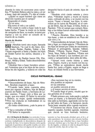 alzando la vista vio acercarse unos came-
llos. 64 También Rebeca alzó la vista y, al ver
a Isaac, bajó del camello, 65 y dijo al criado:
–¿Quién es aquel hombre que viene en
dirección nuestra por el campo?
Respondió el criado:
–Es mi amo.
Ella tomó el velo y se cubrió.
66 El criado le contó a Isaac todo lo que
había hecho. 67 Isaac la metió en la tienda
de campaña de Sara, su madre, la tomó por
esposa y con su amor se consoló de la
muerte de su madre.
Muerte de Abrahán
(1 Cr 1,29-32)
1 Abrahán tomó otra mujer, llamada
Quetura, 2 la cual le dio hijos: Zim-
rán, Yoxán, Medán, Madián, Yisbac y Suj.
3 Yoxán engendró a Sebá y Dedán; los hijos
de Dedán fueron los asirios, latusios y le-
mios.
4 Los hijos de Madián fueron Efá, Efer,
Henoc, Abidá y Eldaá. Todos descendientes
de Quetura.
5 Abrahán hizo a Isaac heredero univer-
sal, 6 mientras que a los hijos de las concu-
binas les dio legados, y todavía en vida los
25
despachó hacia el país de oriente, lejos de
su hijo.
7 Abrahán vivió ciento setenta y cinco
años. 8 Abrahán expiró y murió en buena
vejez, colmado de años, y se reunió con los
suyos. 9 Isaac e Ismael, sus hijos, lo ente-
rraron en la cueva de Macpela, en el cam-
po de Efrón, hijo de Sojar, el hitita, frente a
Mambré. 10 En el campo que compró Abra-
hán a los hititas fueron enterrados Abrahán
y Sara, su mujer.
11 Muerto Abrahán, Dios bendijo a su
hijo Isaac, y éste se estableció en: Pozo del
que vive y ve.
12 Descendientes de Ismael, hijo de Abra-
hán y Agar, su criada egipcia. 13 Nombres de
los hijos de Ismael por orden de nacimiento:
Nebayot el primogénito, Quedar, Adbeel,
Mibsán, 14 Mismá, Dumá, Masá. 15 Jadad,
Temá, Yetur, Nafís y Quedma. 16 Éstos son
los hijos de Ismael y sus nombres por cer-
cados y campamentos: doce jefes de tribu.
17 Ismael vivió ciento treinta y siete
años. Expiró, murió y se reunió con los su-
yos. 18 Ellos se extendieron desde Javilá
hasta Sur, junto a Egipto, según se llega a
Asur; se instaló frente a sus hermanos.
25,1-18 Muerte de Abrahán. Los versículos 1-6 na-
rran en forma de genealogía la manera como Abrahán
continúa multiplicando su descendencia después de
la muerte de Sara. Es la manera literaria como queda
registrado el parentesco del pueblo israelita con otros
pueblos o tribus vecinas con algunas de las cuales cier-
tamente no hay demasiada aﬁnidad, pero al ﬁn y al
cabo parentesco. Se reconoce esta cercanía familiar,
pero se subraya que «Abrahán hizo a Isaac heredero
universal, mientras que a los hijos de las concubinas
les dio legados, y todavía en vida los despachó hacia
el país de oriente, lejos de su hijo» (5s).
GÉNESIS 24 52
CICLO PATRIARCAL: ISAAC
Descendencia de Isaac
19 Descendientes de Isaac, hijo de Abra-
hán. Abrahán engendró a Isaac.
20 Cuando Isaac tenía cuarenta años,
tomó por esposa a Rebeca, hija de Betuel,
arameo de Padán Aram, y hermana de La-
bán, arameo. 21 Isaac rezó a Dios por su
mujer, que era estéril. El Señor le escuchó
y Rebeca, su mujer, quedó embarazada.
22 Pero las criaturas se maltrataban en su
vientre y ella dijo:
–En estas condiciones, ¿vale la pena vi-
vir?
Y fue a consultar al Señor.
23 El Señor le respondió:
–Dos naciones hay en tu vientre,
dos pueblos se separan
en tus entrañas:
un pueblo vencerá al otro
y el mayor servirá al menor.
24 Cuando llegó el parto, resultó que te-
nía gemelos en el vientre.
25 Salió primero uno, todo pardo y peludo
como un manto, y lo llamaron Esaú. 26 De-
trás salió su hermano, agarrando con la ma-
no del talón de Esaú, y lo llamaron Jacob.
Tenía Isaac sesenta años cuando nacieron.
27 Crecieron los chicos. Esaú se hizo un
experto cazador, hombre agreste, mientras
que Jacob se hizo honrado beduino.
 