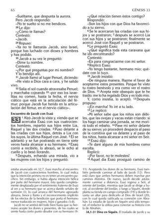 –Suéltame, que despunta la aurora.
Pero Jacob respondió:
–No te suelto si no me bendices.
28 Le dijo:
–¿Cómo te llamas?
Contestó:
–Jacob.
29 Repuso:
–Ya no te llamarás Jacob, sino Israel,
porque has luchado con dioses y hombres
y has podido.
30 Jacob a su vez le preguntó:
–Dime tu nombre.
Contestó:
–¿Por qué preguntas por mi nombre?
Y lo bendijo allí.
31 Jacob llamó al lugar Penuel, diciendo:
–He visto a Dios cara a cara, y he salido
vivo.
32 Salía el sol cuando atravesaba Penuel;
y marchaba cojeando 33 –por eso los israe-
litas no comen, hasta la fecha, el nervio
ciático que está en la articulación del fé-
mur; porque Jacob fue herido en la articu-
lación del fémur, en el nervio ciático–.
Encuentro de Jacob con Esaú
1 Alzó Jacob la vista y, viendo que se
acercaba Esaú con sus cuatrocien-
tos hombres, repartió sus hijos entre Lía,
Raquel y las dos criadas. 2 Puso delante a
las criadas con sus hijos, detrás a Lía con
los suyos, la última Raquel con José. 3 Él se
adelantó y se fue postrando en tierra siete
veces hasta alcanzar a su hermano. 4 Esaú
corrió a recibirlo, lo abrazó, se le echó al
cuello y lo besó llorando.
5 Después, echando una mirada, vio a
las mujeres con los hijos y preguntó:
33
–¿Qué relación tienen éstos contigo?
Respondió:
–Son los hijos con que Dios ha favoreci-
do a tu siervo.
6 Se le acercaron las criadas con sus hi-
jos y se postraron; 7 después se acercó Lía
con sus hijos y se postraron; ﬁnalmente se
acercó José con Raquel y se postraron.
8 Le preguntó Esaú:
–¿Qué signiﬁca toda esta caravana que
he ido encontrando?
Contestó:
–Es para congraciarme con mi señor.
9 Replicó Esaú:
–Yo tengo bastante, hermano mío; qué-
date con lo tuyo.
10 Jacob insistió:
–De ninguna manera. Hazme el favor de
aceptarme estos presentes. Porque he visto
tu rostro benévolo y era como ver el rostro
de Dios. 11 Acepta este obsequio que te he
traído: me lo ha regalado Dios y es todo mío.
Y, como insistía, lo aceptó. 12 Después
propuso:
–¡En marcha! Yo iré a tu lado.
13 Le replicó:
–Mi señor sabe que los niños son débi-
les, que las ovejas y vacas están criando: si
los hago caminar una jornada, se me mori-
rá todo el rebaño. 14 Pase mi señor delante
de su siervo; yo procederé despacio al paso
de la comitiva que va delante y al paso de
los niños, hasta alcanzar a mi señor en Seír.
15 Esaú dijo:
–Te daré alguno de mis hombres como
escolta.
Replicó:
–¡Por favor, no te molestes!
16 Aquel día Esaú prosiguió camino de
estaba anunciado en 32,7, Esaú marcha al encuentro
de Jacob con cuatrocientos hombres, lo cual indica
que la intención primera no es tener un encuentro pa-
cíﬁco. Sin embargo, si había alguna intención bélica
por parte del hermano mayor, ésta queda completa-
mente desplazada por el sentimiento fraterno de Esaú
al ver a su hermano que se acerca dando señales de
sumisión (3), lo cual arranca del hermano agraviado
abrazos, besos y llanto y el reconocimiento implícito
de los efectos de la bendición que porta el hermano
menor traducida en mujeres, hijos y ganados (5-8).
Jacob no se sentirá del todo bien hasta que su her-
mano acepte los dones y presentes, de los cuales se
siente hasta cierto punto deudor con su hermano (9-
11). Aceptando los dones de su hermano, Esaú tam-
bién pretende caminar al lado de Jacob (12). Pero
está claro que ambos hermanos deben marchar por
caminos distintos. De nuevo, Jacob decide astuta-
mente caminar a distancia. Esaú regresa a Seír, al
oriente del Jordán, mientras que Jacob se dirige a Su-
cot, al occidente del Jordán, y luego a Siquén, donde
planta su tienda en campo comprado (19) y donde le-
vanta un altar para dedicarlo al Dios de Israel (20),
con lo cual queda ratiﬁcada su conexión con Abra-
hán. La estadía de Jacob en Siquén será sólo tempo-
ral, el redactor la utiliza para conectar su historia con
la de Abrahán.
34,1-31 Dina en Siquén. El traslado de Jacob y su
65 GÉNESIS 33
 
