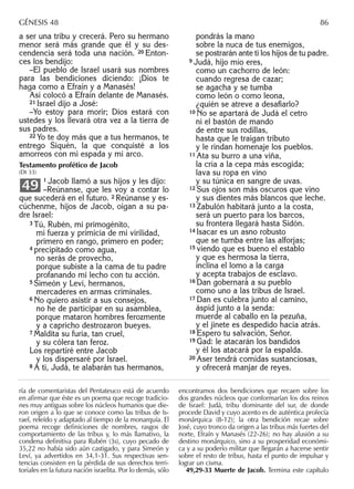 a ser una tribu y crecerá. Pero su hermano
menor será más grande que él y su des-
cendencia será toda una nación. 20 Enton-
ces los bendijo:
–El pueblo de Israel usará sus nombres
para las bendiciones diciendo: ¡Dios te
haga como a Efraín y a Manasés!
Así colocó a Efraín delante de Manasés.
21 Israel dijo a José:
–Yo estoy para morir; Dios estará con
ustedes y los llevará otra vez a la tierra de
sus padres.
22 Yo te doy más que a tus hermanos, te
entrego Siquén, la que conquisté a los
amorreos con mi espada y mi arco.
Testamento profético de Jacob
(Dt 33)
1 Jacob llamó a sus hijos y les dijo:
–Reúnanse, que les voy a contar lo
que sucederá en el futuro. 2 Reúnanse y es-
cúchenme, hijos de Jacob, oigan a su pa-
dre Israel:
3 Tú, Rubén, mi primogénito,
mi fuerza y primicia de mi virilidad,
primero en rango, primero en poder;
4 precipitado como agua,
no serás de provecho,
porque subiste a la cama de tu padre
profanando mi lecho con tu acción.
5 Simeón y Leví, hermanos,
mercaderes en armas criminales.
6 No quiero asistir a sus consejos,
no he de participar en su asamblea,
porque mataron hombres ferozmente
y a capricho destrozaron bueyes.
7 Maldita su furia, tan cruel,
y su cólera tan feroz.
Los repartiré entre Jacob
y los dispersaré por Israel.
8 A ti, Judá, te alabarán tus hermanos,
49
pondrás la mano
sobre la nuca de tus enemigos,
se postrarán ante ti los hijos de tu padre.
9 Judá, hijo mío eres,
como un cachorro de león:
cuando regresa de cazar;
se agacha y se tumba
como león o como leona,
¿quién se atreve a desaﬁarlo?
10 No se apartará de Judá el cetro
ni el bastón de mando
de entre sus rodillas,
hasta que le traigan tributo
y le rindan homenaje los pueblos.
11 Ata su burro a una viña,
la cría a la cepa más escogida;
lava su ropa en vino
y su túnica en sangre de uvas.
12 Sus ojos son más oscuros que vino
y sus dientes más blancos que leche.
13 Zabulón habitará junto a la costa,
será un puerto para los barcos,
su frontera llegará hasta Sidón.
14 Isacar es un asno robusto
que se tumba entre las alforjas;
15 viendo que es bueno el establo
y que es hermosa la tierra,
inclina el lomo a la carga
y acepta trabajos de esclavo.
16 Dan gobernará a su pueblo
como uno a las tribus de Israel.
17 Dan es culebra junto al camino,
áspid junto a la senda:
muerde al caballo en la pezuña,
y el jinete es despedido hacia atrás.
18 Espero tu salvación, Señor.
19 Gad: le atacarán los bandidos
y él los atacará por la espalda.
20 Aser tendrá comidas sustanciosas,
y ofrecerá manjar de reyes.
ría de comentaristas del Pentateuco está de acuerdo
en aﬁrmar que éste es un poema que recoge tradicio-
nes muy antiguas sobre los núcleos humanos que die-
ron origen a lo que se conoce como las tribus de Is-
rael, releído y adaptado al tiempo de la monarquía. El
poema recoge deﬁniciones de nombres, rasgos de
comportamiento de las tribus y, lo más llamativo, la
condena deﬁnitiva para Rubén (3s), cuyo pecado de
35,22 no había sido aún castigado, y para Simeón y
Leví, ya advertidos en 34,1-31. Sus respectivas sen-
tencias consisten en la pérdida de sus derechos terri-
toriales en la futura nación israelita. Por lo demás, sólo
encontramos dos bendiciones que recaen sobre los
dos grandes núcleos que conformarían los dos reinos
de Israel: Judá, tribu dominante del sur, de donde
procede David y cuyo acento es de auténtica profecía
monárquica (8-12); la otra bendición recae sobre
José, cuyo tronco da origen a las tribus más fuertes del
norte, Efraín y Manasés (22-26); no hay alusión a su
destino monárquico, sino a su prosperidad económi-
ca y a su poderío militar que llegarán a hacerse sentir
sobre el resto de tribus, hasta el punto de impulsar y
lograr un cisma.
49,29-33 Muerte de Jacob. Termina este capítulo
GÉNESIS 48 86
 