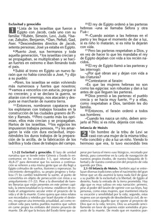 Esclavitud y genocidio
1 Lista de los israelitas que fueron a
Egipto con Jacob, cada uno con su
familia: 2 Rubén, Simeón, Leví, Judá, 3 Isa-
car, Zabulón, Benjamín, 4 Dan, Neftalí, Gad,
Aser. 5 Descendientes directos de Jacob,
setenta personas; José ya estaba en Egipto.
6 Muerto José, sus hermanos y toda
aquella generación, 7 los israelitas crecían y
se propagaban, se multiplicaban y se hací-
an fuertes en extremo e iban llenando todo
el país.
8 Subió al trono en Egipto un nuevo fa-
raón que no había conocido a José, 9 y dijo
a su pueblo:
–Miren, los israelitas se están volviendo
más numerosos y fuertes que nosotros;
10 vamos a vencerlos con astucia, porque si
no crecerán; y si se declara la guerra, se
aliarán con el enemigo, nos atacarán y des-
pués se marcharán de nuestra tierra.
11 Entonces, nombraron capataces que
los explotaran con trabajos forzados en la
construcción de las ciudades granero de Pi-
tón y Ramsés. 12 Pero cuanto más los opri-
mían, ellos más crecían y se propagaban.
Hartos de los israelitas, 13 los egipcios les
impusieron trabajos penosos, 14 y les amar-
garon la vida con dura esclavitud, impo-
niéndoles los duros trabajos de la prepara-
ción de la arcilla, de la fabricación de los
ladrillos y toda clase de trabajos del campo.
1
15 El rey de Egipto ordenó a las parteras
hebreas –una se llamaba Séfora y otra
Fuá–:
16 –Cuando asistan a las hebreas en el
parto y les llegue el momento de dar a luz,
si es niño lo matarán, si es niña la dejarán
con vida.
17 Pero las parteras respetaban a Dios, y
en vez de hacer lo que les mandaba el rey
de Egipto dejaban con vida a los recién na-
cidos.
18 El rey de Egipto llamó a las parteras y
las interrogó:
–¿Por qué obran así y dejan con vida a
las criaturas?
19 Contestaron al faraón:
–Es que las mujeres hebreas no son
como las egipcias: son robustas y dan a luz
antes de que lleguen las parteras.
20 Dios premió a las parteras: el pueblo
crecía y se hacía muy fuerte, 21 y a ellas,
como respetaban a Dios, también les dio
familia.
22 Entonces, el faraón ordenó a todos
sus hombres:
–Cuando les nazca un niño, deben arro-
jarlo al Nilo; si es niña, déjenla con vida.
Infancia de Moisés
1 Un hombre de la tribu de Leví se
casó con una mujer de la misma tribu;
2 ella concibió y dio a luz un niño. Viendo lo
hermoso que era, lo tuvo escondido tres
2
1,1-22 Esclavitud y genocidio. El lazo de unidad
narrativa que se tiende entre Génesis y Éxodo lo en-
contramos en los versículos 1-5, que retoman Gn
46,8-27 para demostrar que los sucesos a continua-
ción se reﬁeren a esta misma gente que un día llegó a
Egipto colmados de sueños, ilusiones y esperanzas. Su
crecimiento demográﬁco, su propio progreso y forta-
leza (7) les cambió totalmente la suerte, al punto de
convertirlos en objeto de persecución con miras a su
aniquilamiento (11-22). Pese a la diversidad de fuen-
tes literarias que están presentes en este primer capí-
tulo, la intencionalidad es la misma: establecer de en-
trada el antagonismo secular entre el proyecto de la
vida y el de la muerte. Como quiera que estos relatos
son recordados y releídos por Israel durante el destie-
rro, recuperan una tremenda actualidad, así como re-
cobran vida para tantos pueblos nuestros que sufren
en carne propia los embates del mismo proyecto de
muerte. De ahí que la lectura del Éxodo tiene que su-
perar por fuerza el mero «uso litúrgico», recortado por
demás, para convertirse en la carta de navegación de
nuestros propios éxodos, de nuestra búsqueda de li-
bertad y de nuestra construcción del proyecto de vida
querido por Dios.
2,1-10 Infancia de Moisés. También aquí se entre-
lazan diversas tradiciones sobre el nacimiento del gran
héroe que un día asumirá la tarea nada fácil de guiar
a su pueblo de la esclavitud a la libertad, de Egipto al
desierto, hasta la entrada de la tierra prometida. Hay
algo que es muy valioso en esta narración: primero,
pese al poder del faraón de oprimir con sus leyes, hay
personas, como estas mujeres, que mantienen intacta
su vocación y sensibilidad por la vida; segundo, estas
mujeres son un ejemplo de desobediencia civil, de re-
sistencia contra aquello que se opone al proyecto de
Dios que es la vida; tercero, Dios va actuando senci-
llamente en favor de quienes están sometidos al pro-
yecto de la muerte. De modo que en nuestros pue-
 