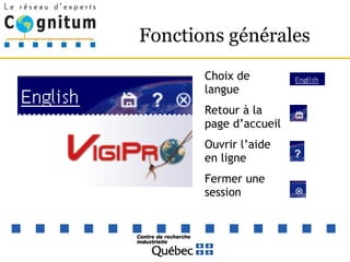 Fonctions générales Choix de langue Retour à la page d’accueil Ouvrir l’aide en ligne Fermer une session 
