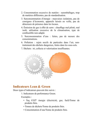 2. Consommation excessive de matière : suremballages, trop
de matières différentes, pas de standardisation.
3. Surconsommation d’énergie : mauvaises isolations, pas de
consignes d’économie, appareils laissés en veille, pas de
détecteurs de présence dans les locaux.
4. Émission de gaz à effet de serre : chauffage mal piloté, mal
isolé, utilisation excessive de la climatisation, type de
combustible non adapté.
5. Surconsommation d’eau : fuites, pas de mesure des
consommations.
6. Pollution : rejets nocifs de particules dans l’air, non-
traitement des déchets dangereux, fuites dans les sous-sols.
7. Déchets : tri, collecte et valorisation insuffisantes.
Indicateurs Lean & Green
Deux types d’indicateurs peuvent être suivis :
1. Indicateurs de performance Green.
Exemples :
• Teq CO2* énergie (électricité, gaz, fuel)/Tonne de
produits finis.
• Tonnes de déchets/Tonne de produits finis.
• Consommation d’eau/Tonne de produits finis.
 
