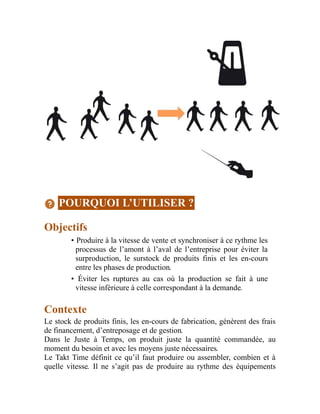 POURQUOI L’UTILISER ?
Objectifs
• Produire à la vitesse de vente et synchroniser à ce rythme les
processus de l’amont à l’aval de l’entreprise pour éviter la
surproduction, le surstock de produits finis et les en-cours
entre les phases de production.
• Éviter les ruptures au cas où la production se fait à une
vitesse inférieure à celle correspondant à la demande.
Contexte
Le stock de produits finis, les en-cours de fabrication, génèrent des frais
de financement, d’entreposage et de gestion.
Dans le Juste à Temps, on produit juste la quantité commandée, au
moment du besoin et avec les moyens juste nécessaires.
Le Takt Time définit ce qu’il faut produire ou assembler, combien et à
quelle vitesse. Il ne s’agit pas de produire au rythme des équipements
 